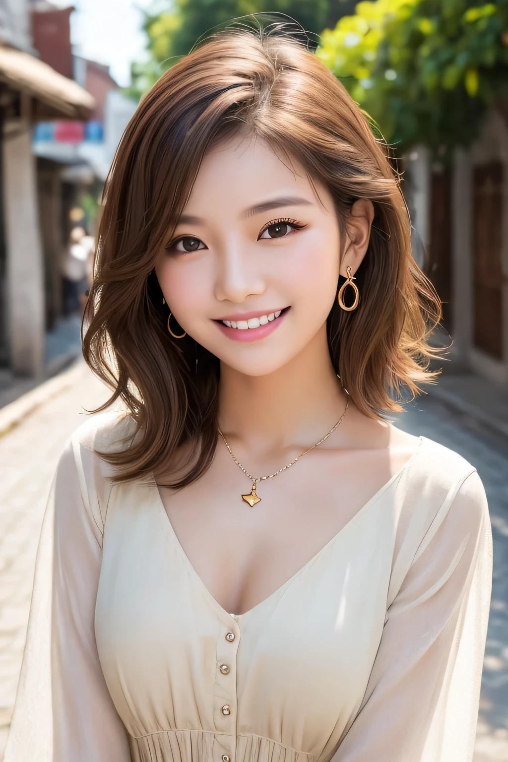 Beautiful young woman of the year、 Vietnamese women、Light brown hair、Wavy Hair、short hair、ear piercing、Necklace around the neck、blouse、smile, Beautiful teeth alignment、Intricate details, Very detailed:1.2), 、 Looking into the camera,The background is the town