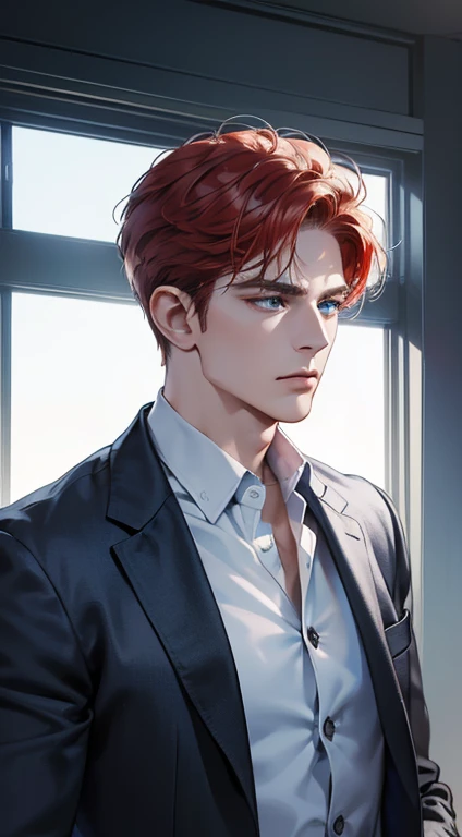 (best quality, masterpiece, 8K, photorealistic, cinematic lighting, 1:4 hdr image, ultra detailed, beautiful image), a mature man, 34 years very handsome, ((cold expression)), short red hair, blue eyes, face perfect without mistakes, ((buttoning his jacket, CEO))