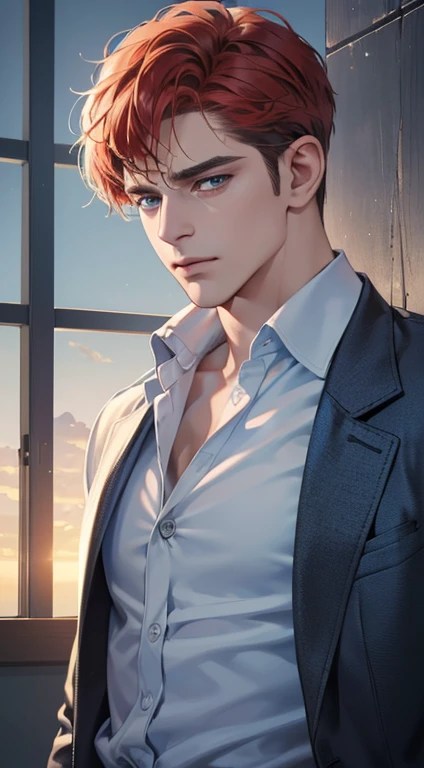 (best quality, masterpiece, 8K, photorealistic, cinematic lighting, 1:4 hdr image, ultra detailed, beautiful image), a mature man, 34 years very handsome, ((cold expression)), short red hair, blue eyes, face perfect without mistakes, ((buttoning his jacket, CEO))