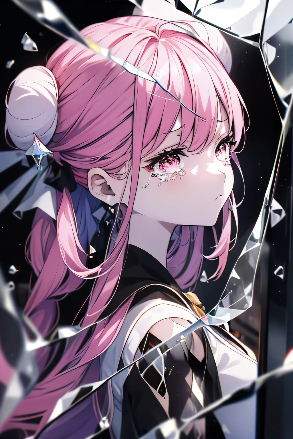 anime,silhouette,One girl, star (null), cloud, cityscape, building, city, Outdoor, nullscraper, city lights, night, night null, sunset, nullline, (Hair Ribbon:0.4),(((White bun hair))),(((Long pink hair))),(((Lonely face))),(((Tears))),(((Breaking the glass))),(((Pink glass))),(((pink々Glass))),(((The entire glass breaks))),