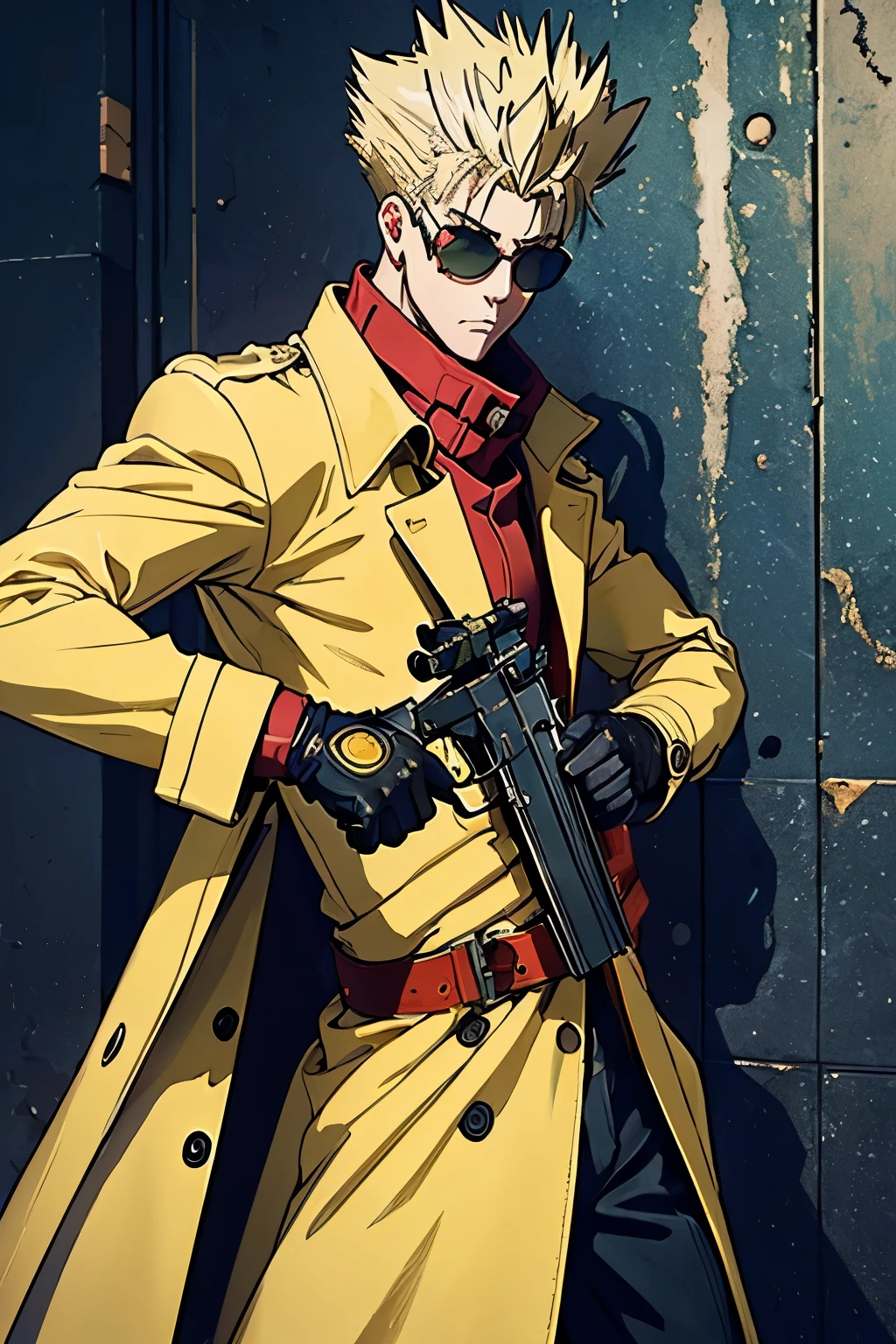 (masterpiece:1.4), (highest quality:1.4), (High resolution:1.4), anatomically perfect body, perfect handgun, (Vash Stampede), yellow hair, blue eyes, (red trench coat), black trousers, (Sunglasses with round lenses, Yellow), Loaded, big revolver gun, hard action pose