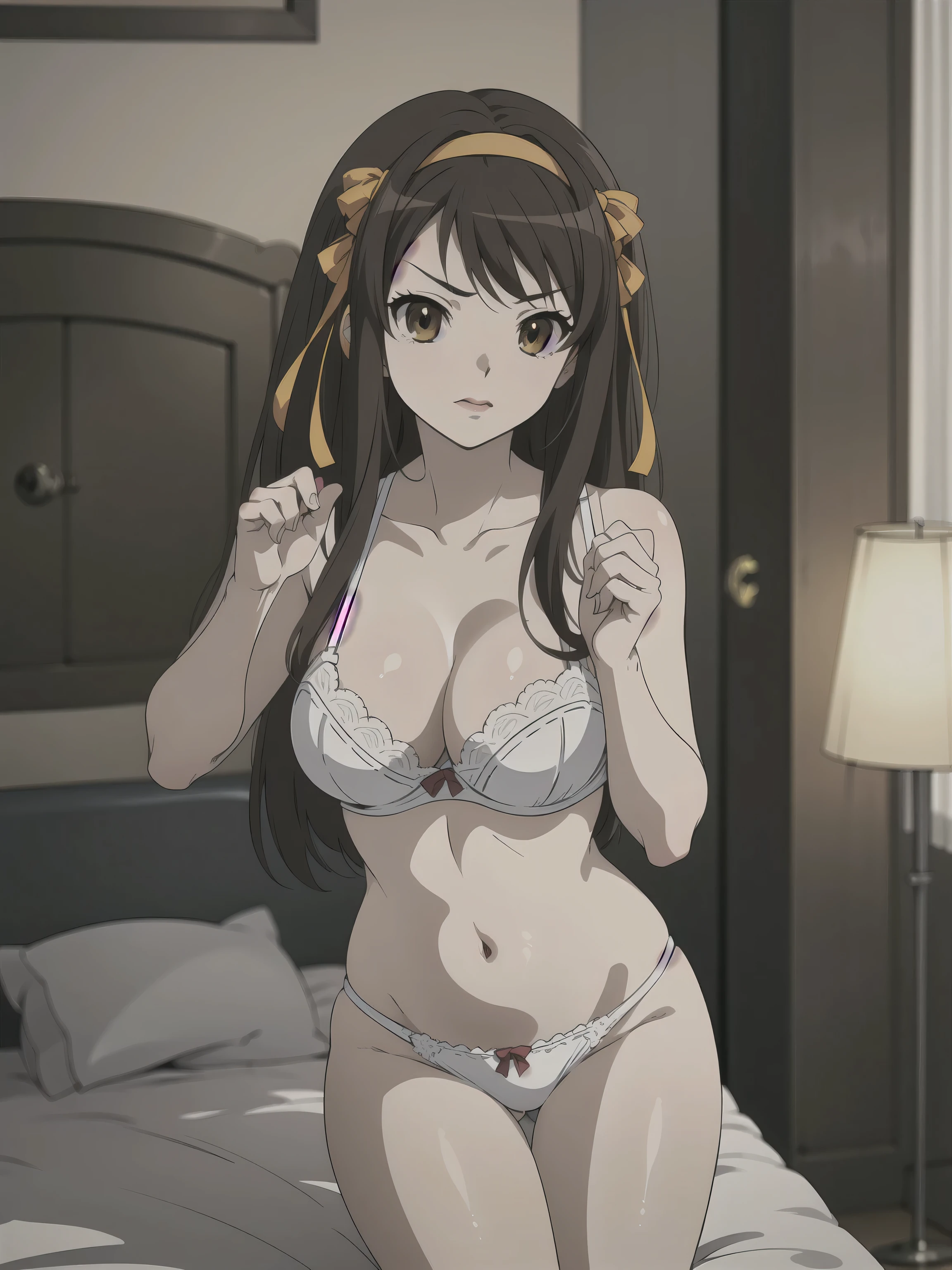 (A superb exquisite haruhi suzumiya), (haruhi suzumiya:1.5), brown eyes, brown hair, natural straight hair, hairband, ribbon, straight bangs, solo, nature, extremely delicate, straight facial features, peerless beautiful girl, soft, (sensual face), ((ecchi face)), dreamy quality, exaggerated facial features, solid color, frank holly, delicate face, bright lips, slender waist, soft curves, real light and shadow, super fine, 4k, natural moving, Ultra high resolution, (masterpiece:1.2, best quality), (finely detailed beautiful eyes: 1.2), (beautiful detailed face), sexy nude model, sexy pose, (large chest), (Perfect Body Proportions), (bedroom), Mekosuji, Spread your legs a little and show off your crotch, bra & panties,