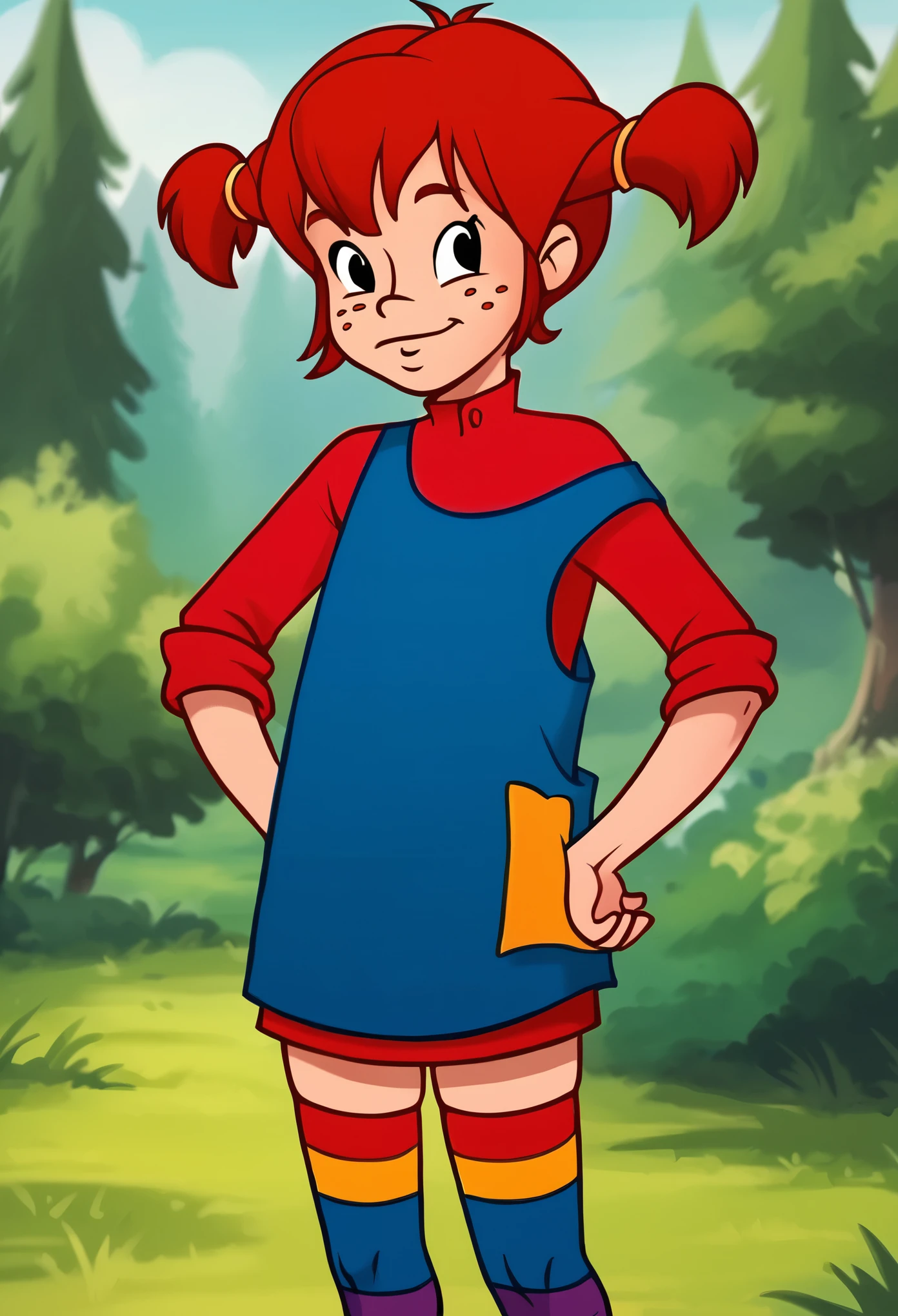 score_7_up, BREAK, Pippi, 1girl, solo, red hair, short twintails, black eyes, freckles,  red dress, blue overalls, thighhighs, striped,  mismatched legwear, multicolored legwear forest, blurry background,  cowboy shot, hands on own hips,