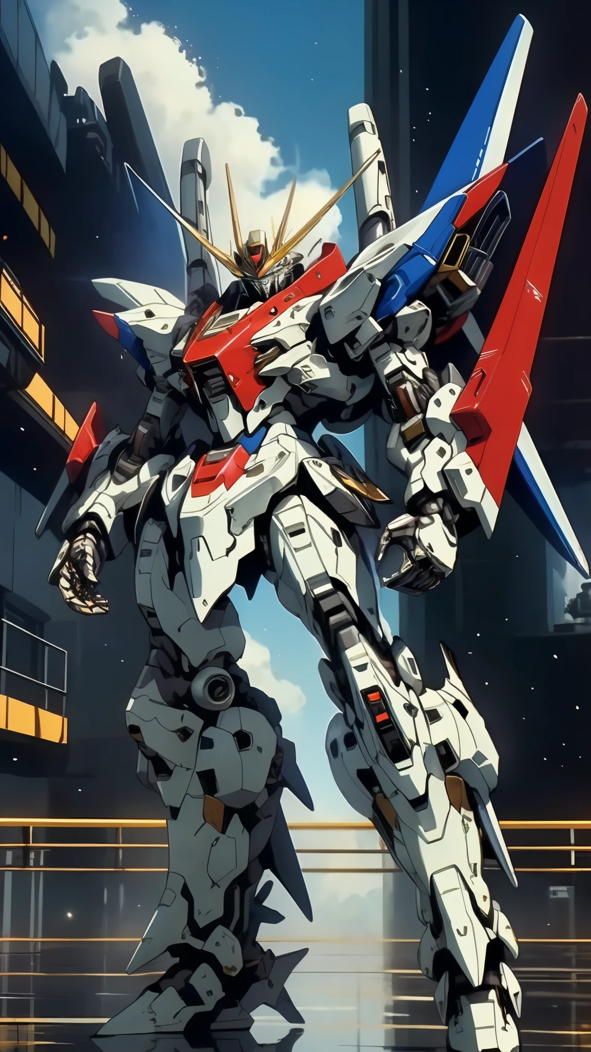 Humanoid Mecha, fully enclosed shoulder guards, matching arm and leg guards, full body, full armor, the design balances heavy with agility, (the color scheme is primarily white with red and blue accents, the concept Inspired by Super robot, organic biotech armor, standing, floating high above the futuristic sci-fi city), exquisite and mature art style, (aura effect, energy, glowing eyes, the armor glows), ((SRS)), metallic, dynamic, dramatic, high definition, best quality, highres, ultra-detailed, ultra-fine painting, extremely delicate, professional, perfect body proportions, anatomically correct, symmetrical face, extremely detailed eyes and face, high quality eyes, creativity, RAW photo, UHD, 32k, Natural light, cinematic lighting, masterpiece-anatomy-perfect, masterpiece:1.5
