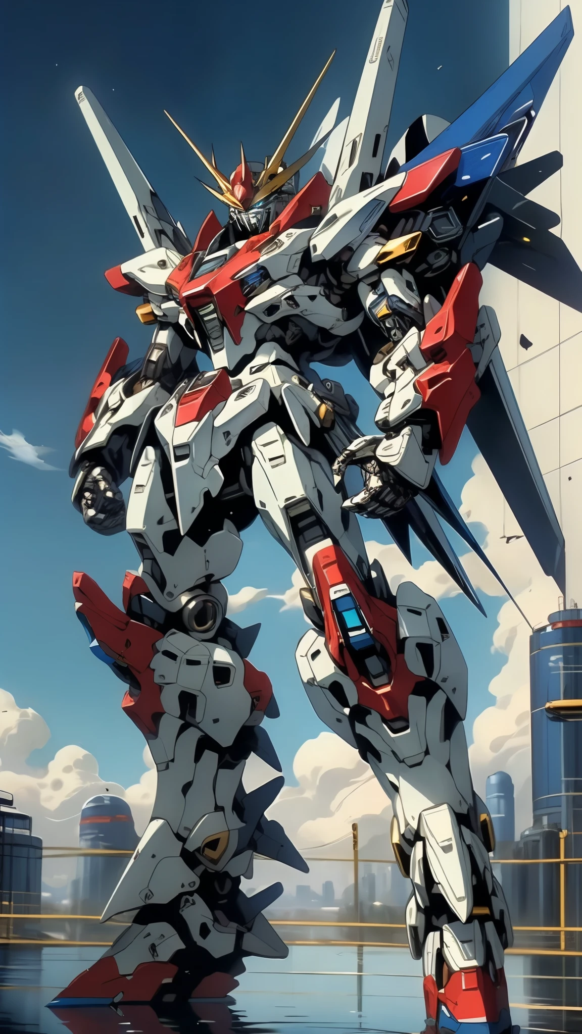 Humanoid Mecha, fully enclosed shoulder guards, matching arm and leg guards, full body, full armor, the design balances heavy with agility, (the color scheme is primarily white with red and blue accents, the concept Inspired by Super robot, organic biotech armor, standing, floating high above the futuristic sci-fi city), exquisite and mature art style, (aura effect, energy, glowing eyes, the armor glows), ((SRS)), metallic, dynamic, dramatic, high definition, best quality, highres, ultra-detailed, ultra-fine painting, extremely delicate, professional, perfect body proportions, anatomically correct, symmetrical face, extremely detailed eyes and face, high quality eyes, creativity, RAW photo, UHD, 32k, Natural light, cinematic lighting, masterpiece-anatomy-perfect, masterpiece:1.5