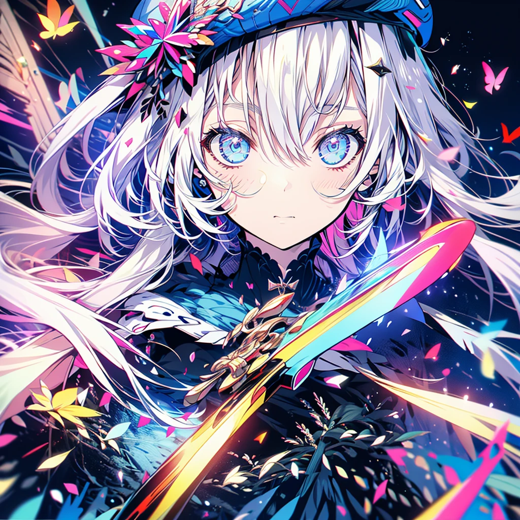 A beautiful detailed anime girl with serious expression, holding an electric guitar, long white hair, beret, fractal art with music notes in the background, masterpiece, official art, best composition, ultra-detailed, 8k, photorealistic