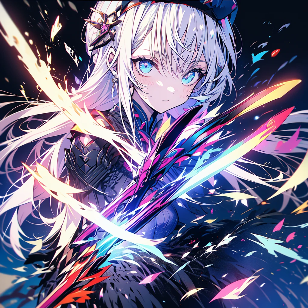 A beautiful detailed anime girl with serious expression, holding an electric guitar, long white hair, beret, fractal art with music notes in the background, masterpiece, official art, best composition, ultra-detailed, 8k, photorealistic