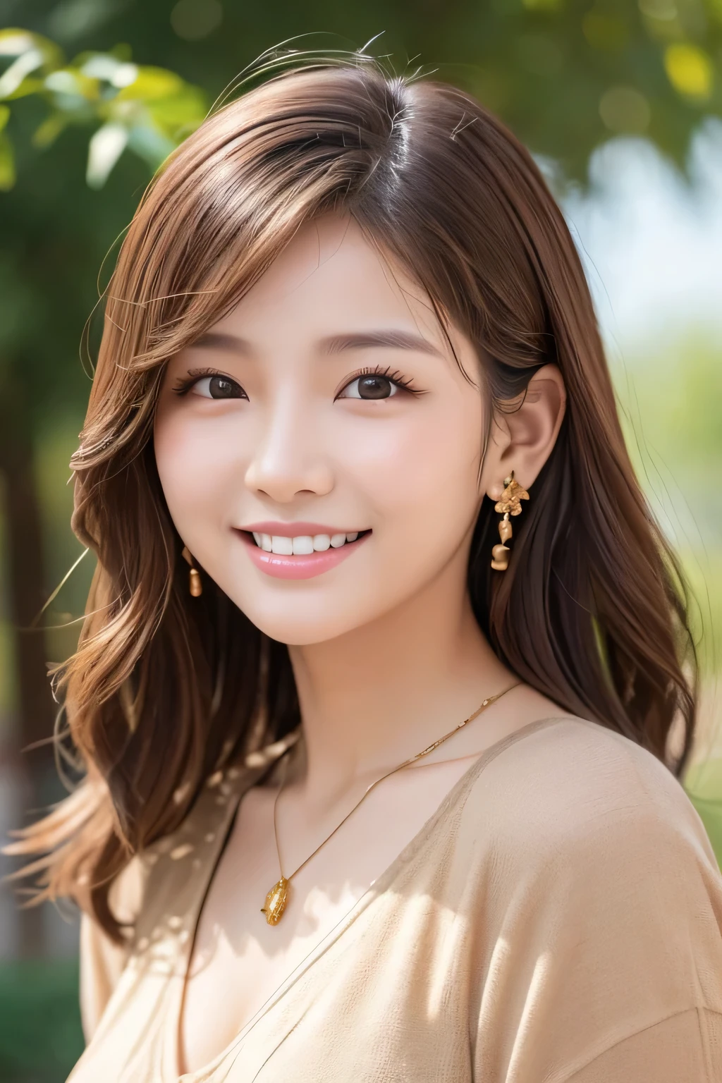 Beautiful young woman of the year、 Vietnamese women、Light brown hair、Wavy Hair、short hair、ear piercing、Necklace around the neck、blouse、smile, Beautiful teeth alignment、Intricate details, Very detailed:1.2), 、 Looking into the camera,The background is the town