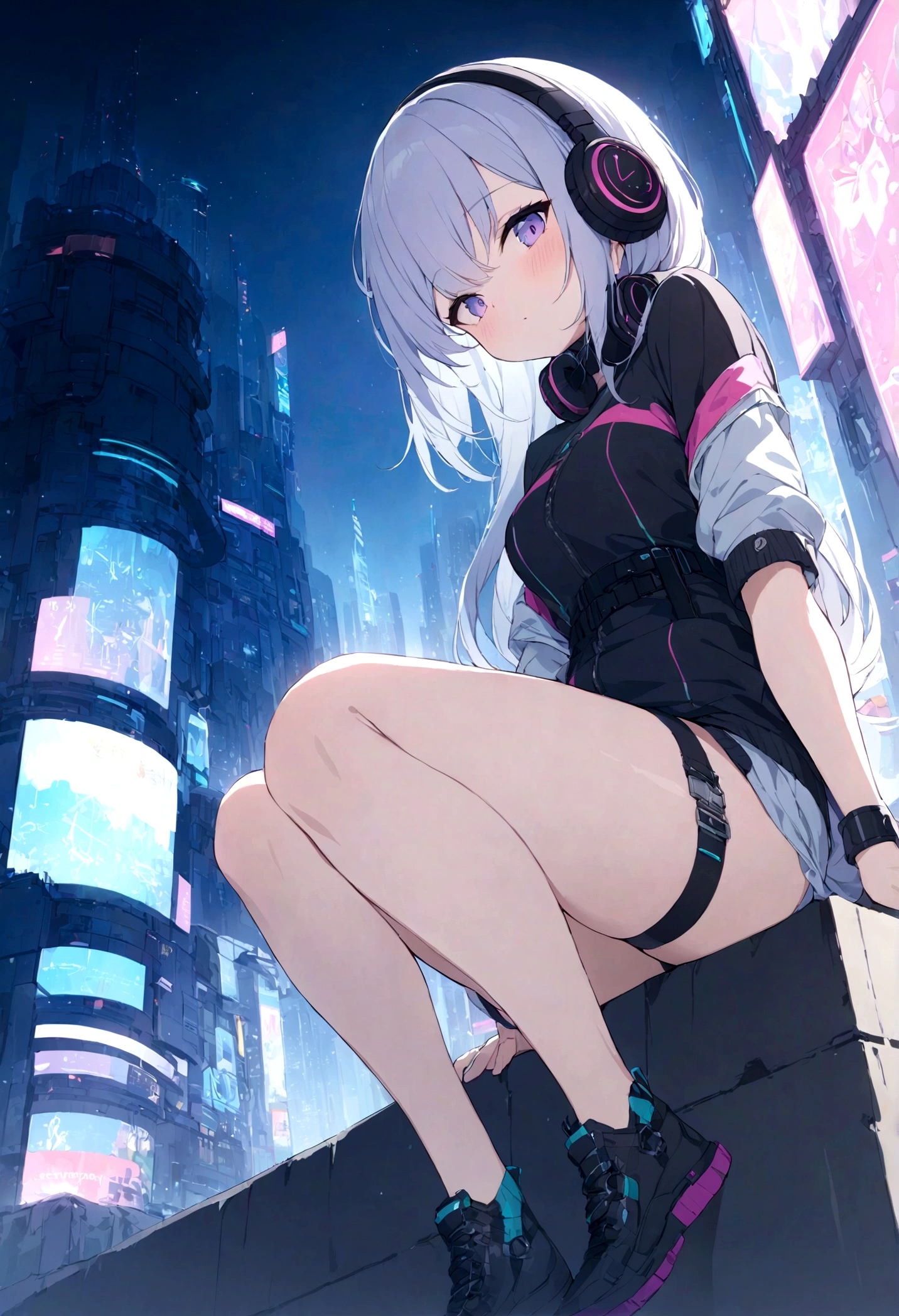 highest quality、masterpiece、night、Headphones、cyber punk、Cyber City、One Girl、Sitting on high ground