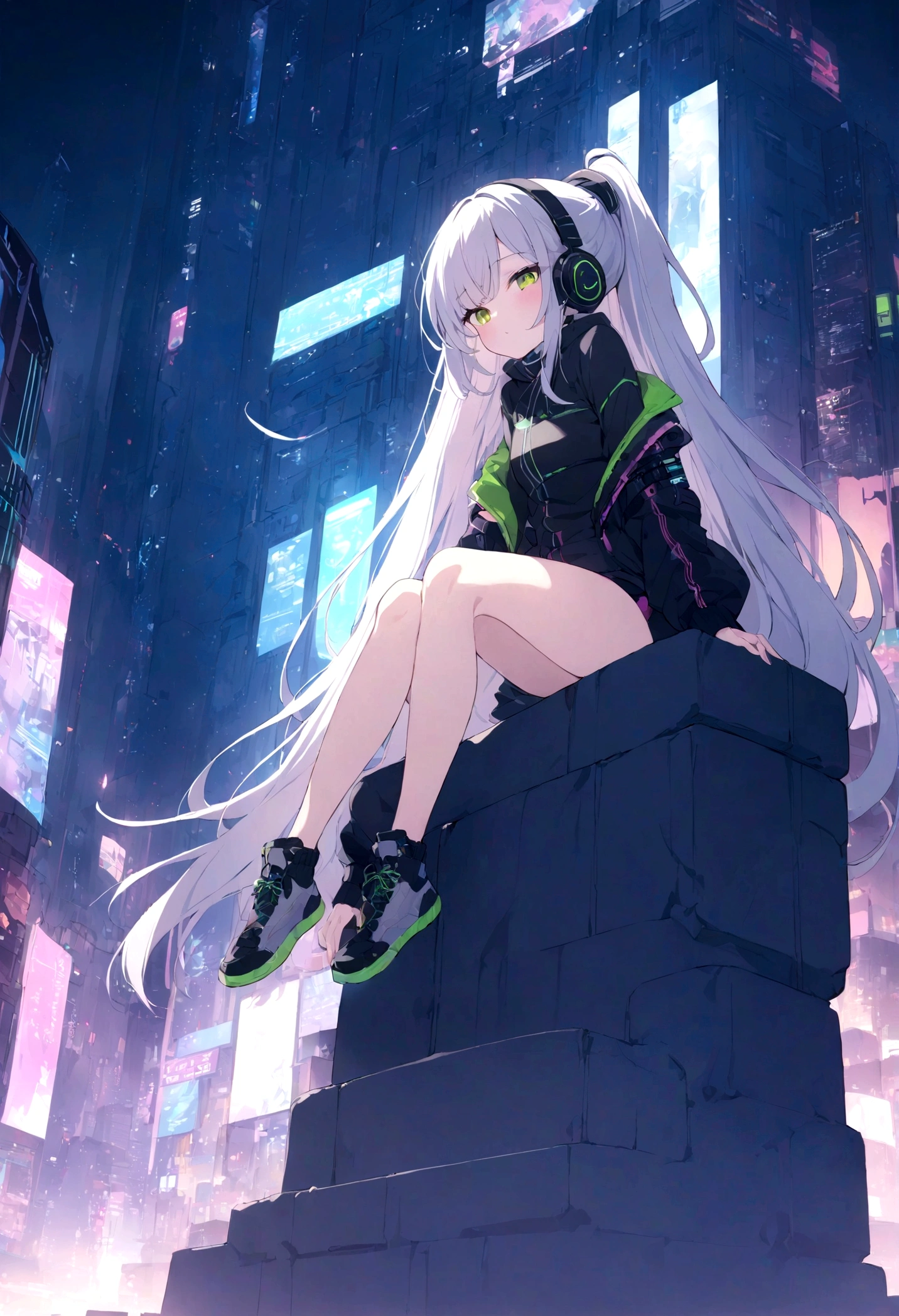 highest quality、masterpiece、night、Headphones、cyber punk、Cyber City、One Girl、Sitting on high ground