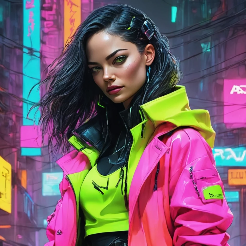 pose divertida, hiper nitido, hiper detallado, A closeup of Kristin Kreuk in a neon suit, Ambiente ciberpunk, cyberpunk with neon lights, Luz cyberpunk brillante, agachado,Vibraciones ciberpunk, Cyberpunk lighting, estilo ciberpunk, neon cyberpunk style, En el estilo cyberpunk, mira ciberpunk, cyberpunk dreamy girl, foto ciberpunk, neon cyberpunk, cyberpunk aesthetic, ropa de calle ciberpunk, cyberpunk aesthetic, estilo de arte ciberpunk, Portero del streetwear cyberpunk,sabes, dedos perfectos,neon hair color, Textura de detalle, detalle del cabello,Pantalon long noir fluo, hermoso rostro,por el WAVY,Detailed neon black shoes..,