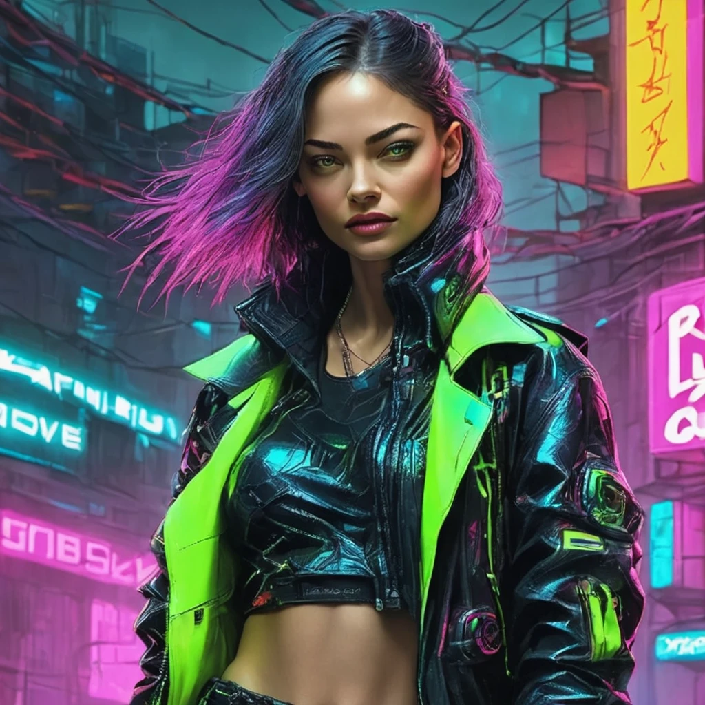 pose divertida, hiper nitido, hiper detallado, A closeup of Kristin Kreuk in a neon suit, Ambiente ciberpunk, cyberpunk with neon lights, Luz cyberpunk brillante, agachado,Vibraciones ciberpunk, Cyberpunk lighting, estilo ciberpunk, neon cyberpunk style, En el estilo cyberpunk, mira ciberpunk, cyberpunk dreamy girl, foto ciberpunk, neon cyberpunk, cyberpunk aesthetic, ropa de calle ciberpunk, cyberpunk aesthetic, estilo de arte ciberpunk, Portero del streetwear cyberpunk,sabes, dedos perfectos,neon hair color, Textura de detalle, detalle del cabello,Pantalon long noir fluo, hermoso rostro,por el WAVY,Detailed neon black shoes..,