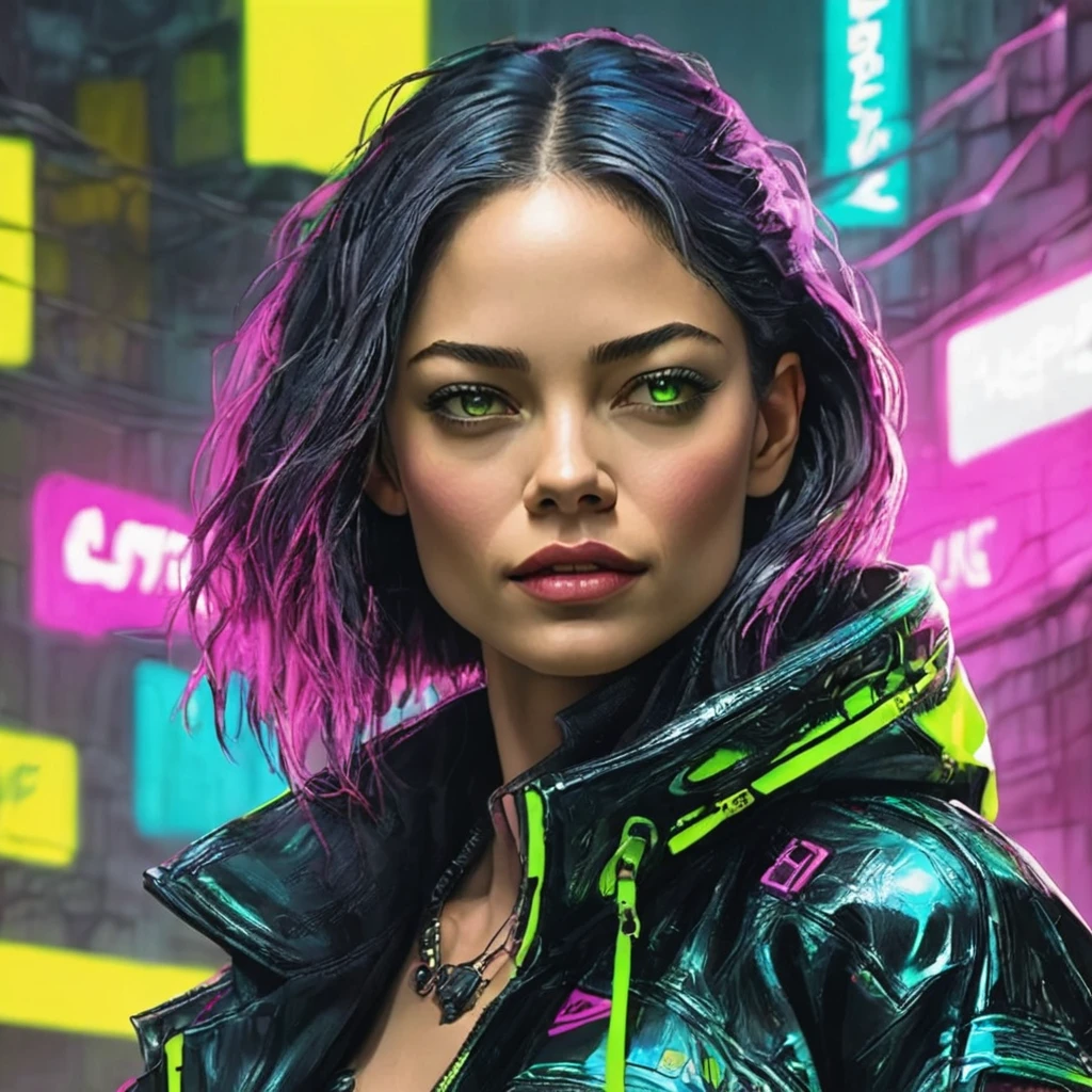 pose divertida, hiper nitido, hiper detallado, A closeup of Kristin Kreuk in a neon suit, Ambiente ciberpunk, cyberpunk with neon lights, Luz cyberpunk brillante, agachado,Vibraciones ciberpunk, Cyberpunk lighting, estilo ciberpunk, neon cyberpunk style, En el estilo cyberpunk, mira ciberpunk, cyberpunk dreamy girl, foto ciberpunk, neon cyberpunk, cyberpunk aesthetic, ropa de calle ciberpunk, cyberpunk aesthetic, estilo de arte ciberpunk, Portero del streetwear cyberpunk,sabes, dedos perfectos,neon hair color, Textura de detalle, detalle del cabello,Pantalon long noir fluo, hermoso rostro,por el WAVY,Detailed neon black shoes..,