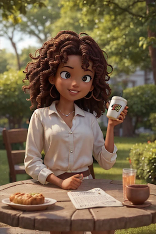 young university student, mixer skin, curly hair, walking through a park, frontal view, highly detailed face, cinematic lighting, photorealistic, 8k, masterpiece, intricate details, warm color tones, natural environment, graceful pose, serene expression, happy face, atmospheric perspective, depth of field, lush greenery, detailed foliage, cobblestone path, dappled sunlight, drinks coffee sitting at casual cafe table,