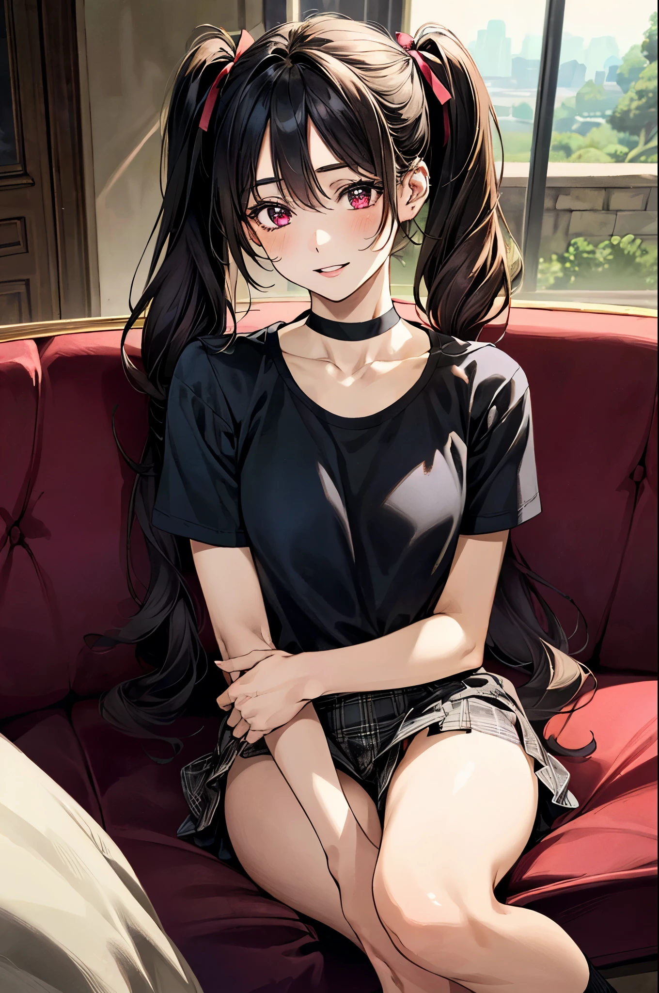 (masterpiece:1.3, top-quality, ultra high res, ultra detailed), (realistic, photorealistic:1.3), beautiful illustration, perfect lighting, natural lighting, colorful, depth of fields, ,
beautiful detailed hair, beautiful detailed face, beautiful detailed eyes, beautiful clavicle, beautiful body, beautiful chest, beautiful thigh, beautiful legs, beautiful fingers, shiny skin,
looking at viewer, 1 girl, high school girl, (perfect anatomy, anatomically correct, super detailed skin), cute and symmetrical face, babyface, perfect face, perfect eyes, perfect body,
(long hair, twintails, sideburns, black hair), bangs, maroon eyes, drooping eyes, big eyes, long eyelashes, (small breasts, seductive thighs), slender,
(detailed cloth texture), short sleeve, clavicle, open sholder black cutsew, tracksuits tops, grey plaid mini skirt, pink hair ribbon, black choker,
(beautiful scenery), summer, late afternoon, (living room:1.2, sofa), , (sitting sofa, hands between legs), (love smile, upper eyes, parted lips),