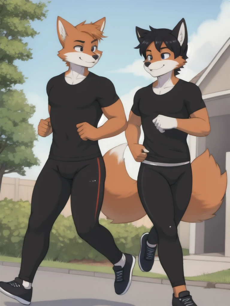 Furry, fox, male, twins, black leggings, white shirt, jogging outside the house, teen