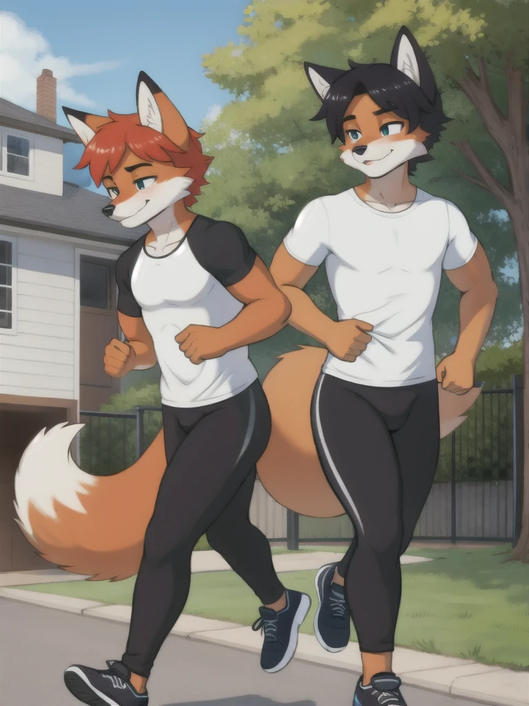 Furry, fox, male, twins, black leggings, white shirt, jogging outside the house, teen