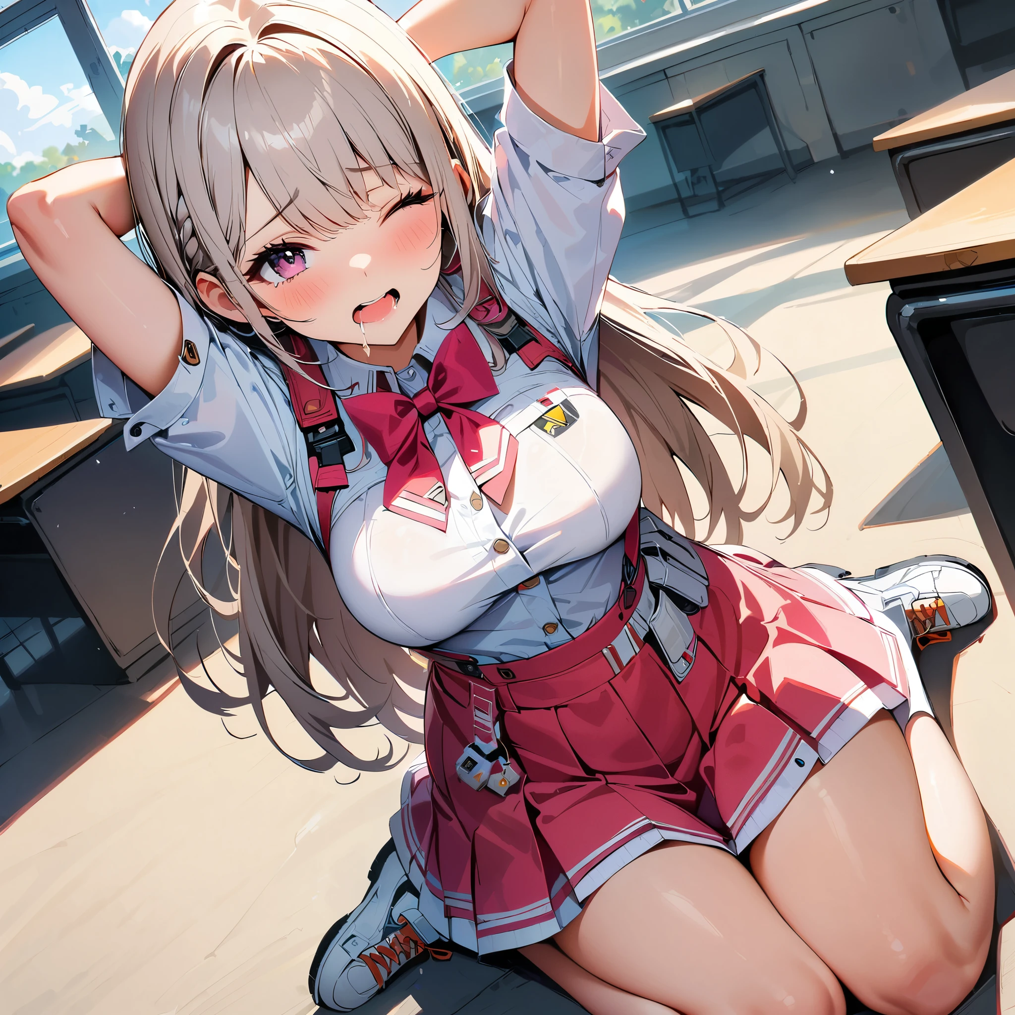highest quality, Super detailed, masterpiece, Ultra-high resolution, 8k, Ridiculous, Cowboy Shooting, Focus on the girl, Embarrassing, blush, Lovely, Close one eye, With tears in her eyes and her mouth open, drooling, (arms behind head), (wariza),Classroom Background, ((1girl, alice \(nikke\), goddess of victory: nikke)), (medium breasts),Waistline, (high angle shot)