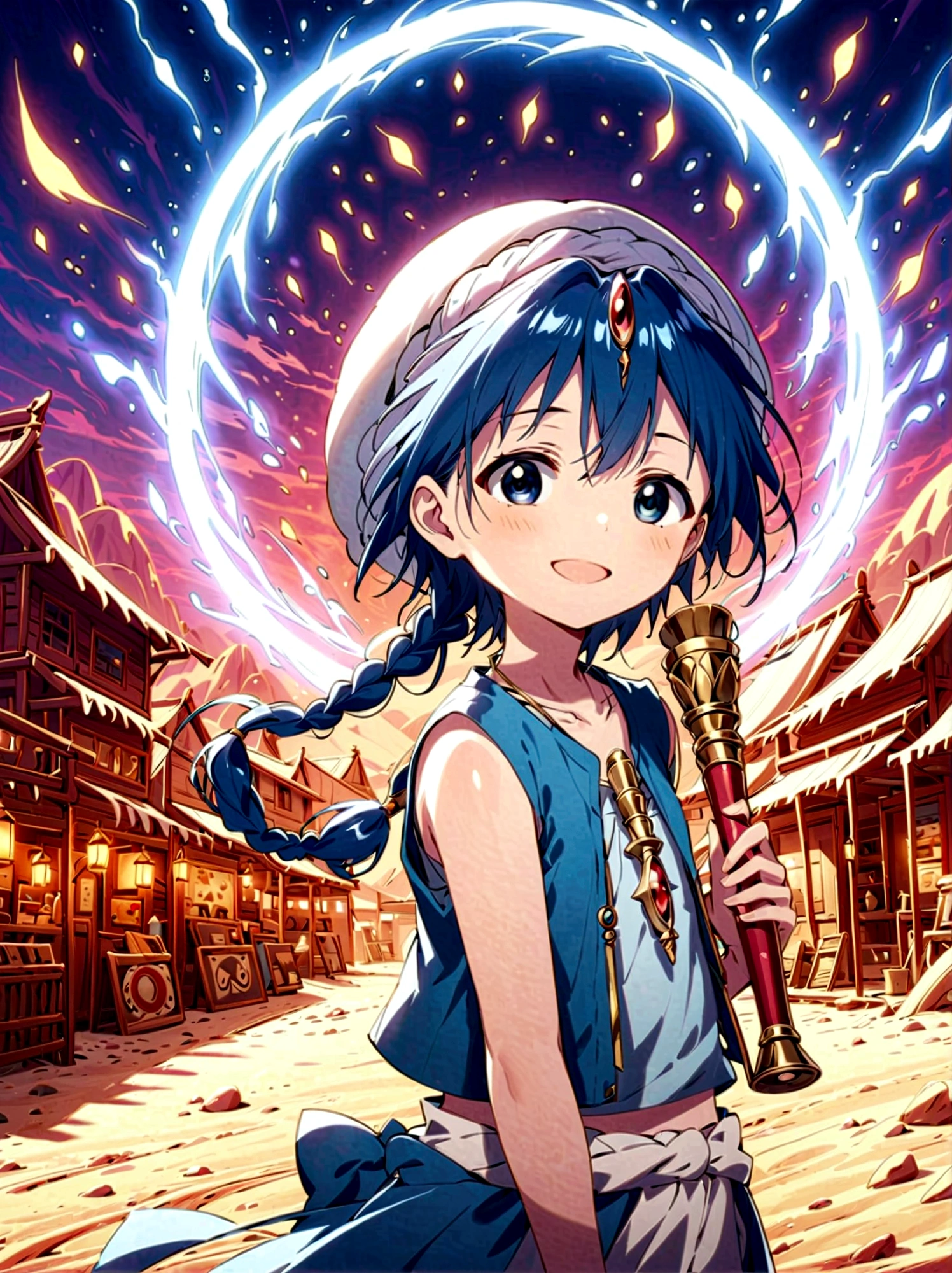 1boy，magi_aladdin，Standing alone in a desert town, He has short blue hair，With a braid，Wear a headscarf，Smiling，A flute pendant hangs around her neck，Wearing a blue vest, A magical explosion can be seen in the background，Super large magic circle，lightning，fighting，Mouth tightly shut，sneer，Soft lighting and detailed environments create an immersive environment，Let your imagination run wild with super details, Ultra-detailed face, High-quality visual effects, Sharp focus, Octane Rendering, 8k, Ultra HD