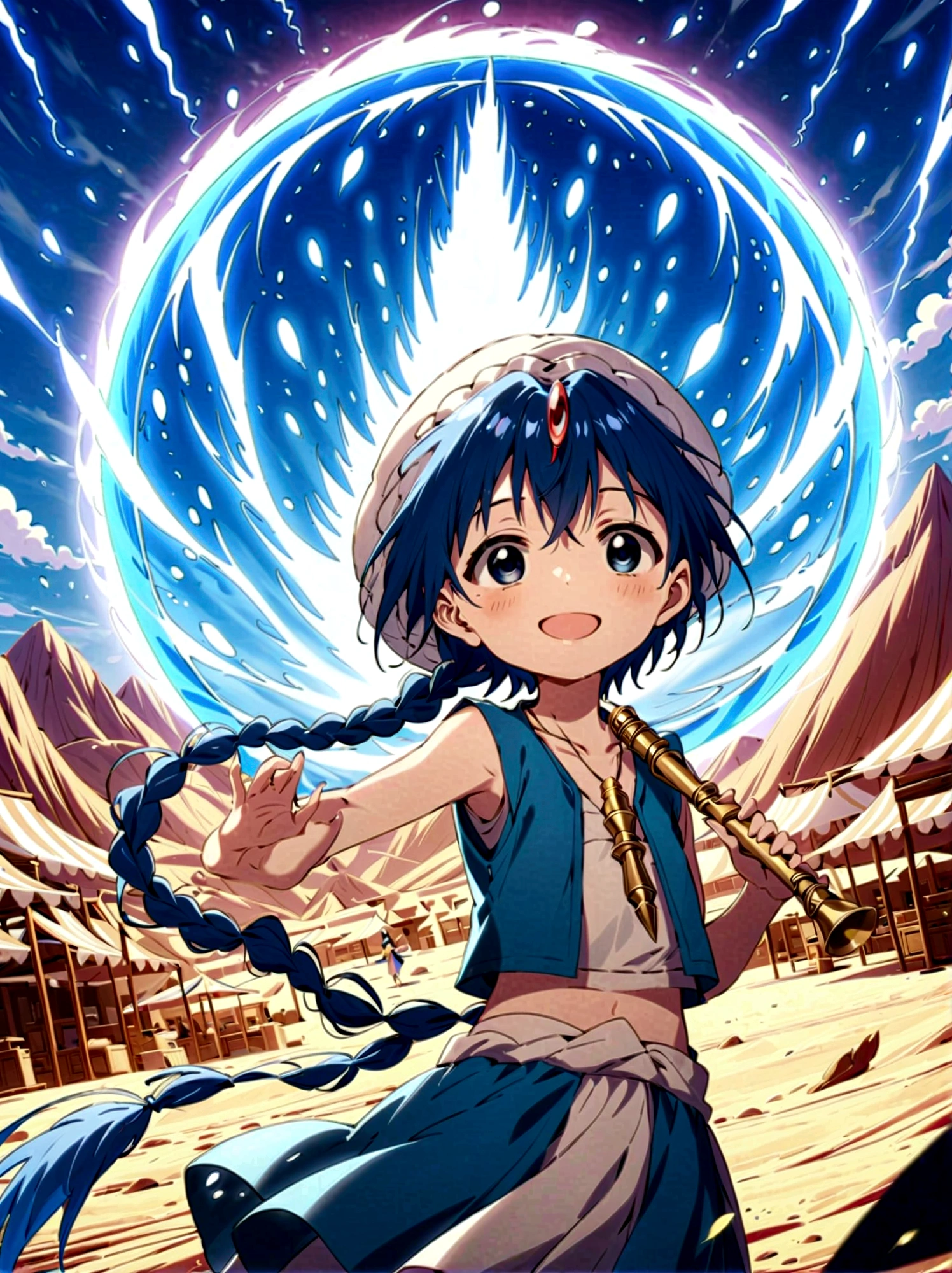 1boy，magi_aladdin，Standing alone in a desert town, He has short blue hair，With a braid，Wear a headscarf，Smiling，A flute pendant hangs around her neck，Wearing a blue vest, A magical explosion can be seen in the background，Super large magic circle，lightning，fighting，Mouth tightly shut，sneer，Soft lighting and detailed environments create an immersive environment，Let your imagination run wild with super details, Ultra-detailed face, High-quality visual effects, Sharp focus, Octane Rendering, 8k, Ultra HD