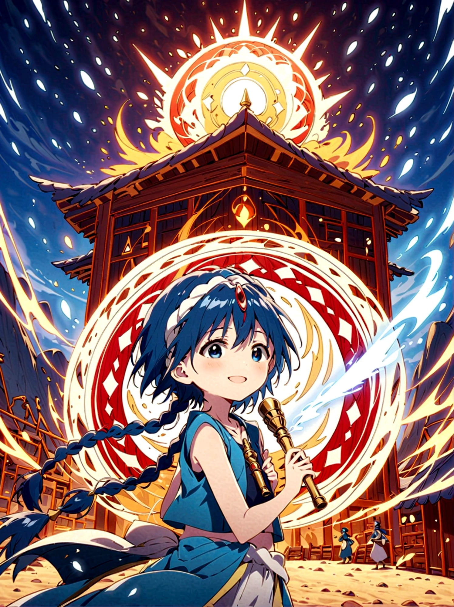 1boy，magi_aladdin，Standing alone in a desert town, He has short blue hair，With a braid，Wear a headscarf，Smiling，A flute pendant hangs around her neck，Wearing a blue vest, A magical explosion can be seen in the background，Super large magic circle，lightning，fighting，Mouth tightly shut，sneer，Soft lighting and detailed environments create an immersive environment，Let your imagination run wild with super details, Ultra-detailed face, High-quality visual effects, Sharp focus, Octane Rendering, 8k, Ultra HD