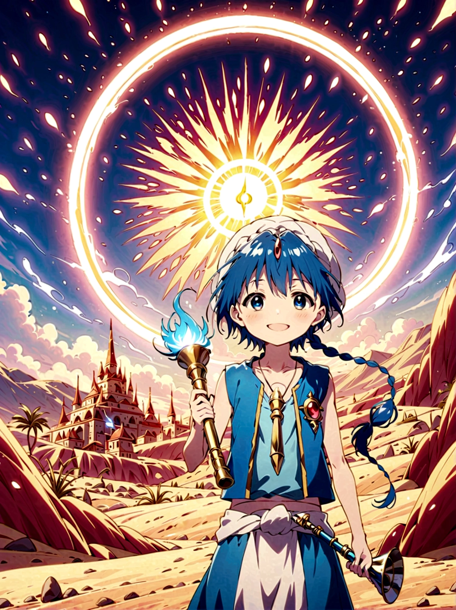 1boy，magi_aladdin，Standing alone in a desert town, He has short blue hair，With a braid，Wear a headscarf，Smiling，A flute pendant hangs around her neck，Wearing a blue vest, A magical explosion can be seen in the background，Super large magic circle，lightning，fighting，Mouth tightly shut，sneer，Soft lighting and detailed environments create an immersive environment，Let your imagination run wild with super details, Ultra-detailed face, High-quality visual effects, Sharp focus, Octane Rendering, 8k, Ultra HD