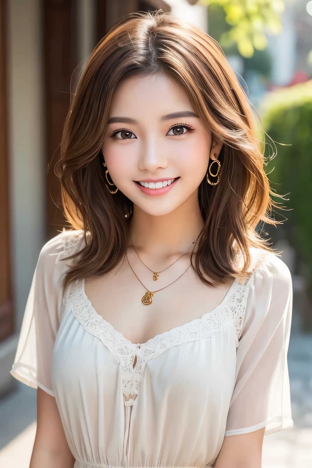 Beautiful young woman of the year、 Vietnamese women、Light brown hair、Wavy Hair、short hair、ear piercing、Necklace around the neck、blouse、smile, Beautiful teeth alignment、Intricate details, Very detailed:1.2), 、 Looking into the camera,The background is the town

