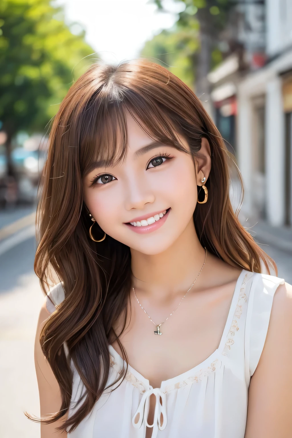 Beautiful young woman of the year、 Vietnamese women、Light brown hair、Wavy Hair、short hair、ear piercing、Necklace around the neck、blouse、smile, Beautiful teeth alignment、Intricate details, Very detailed:1.2), 、 Looking into the camera,The background is the town