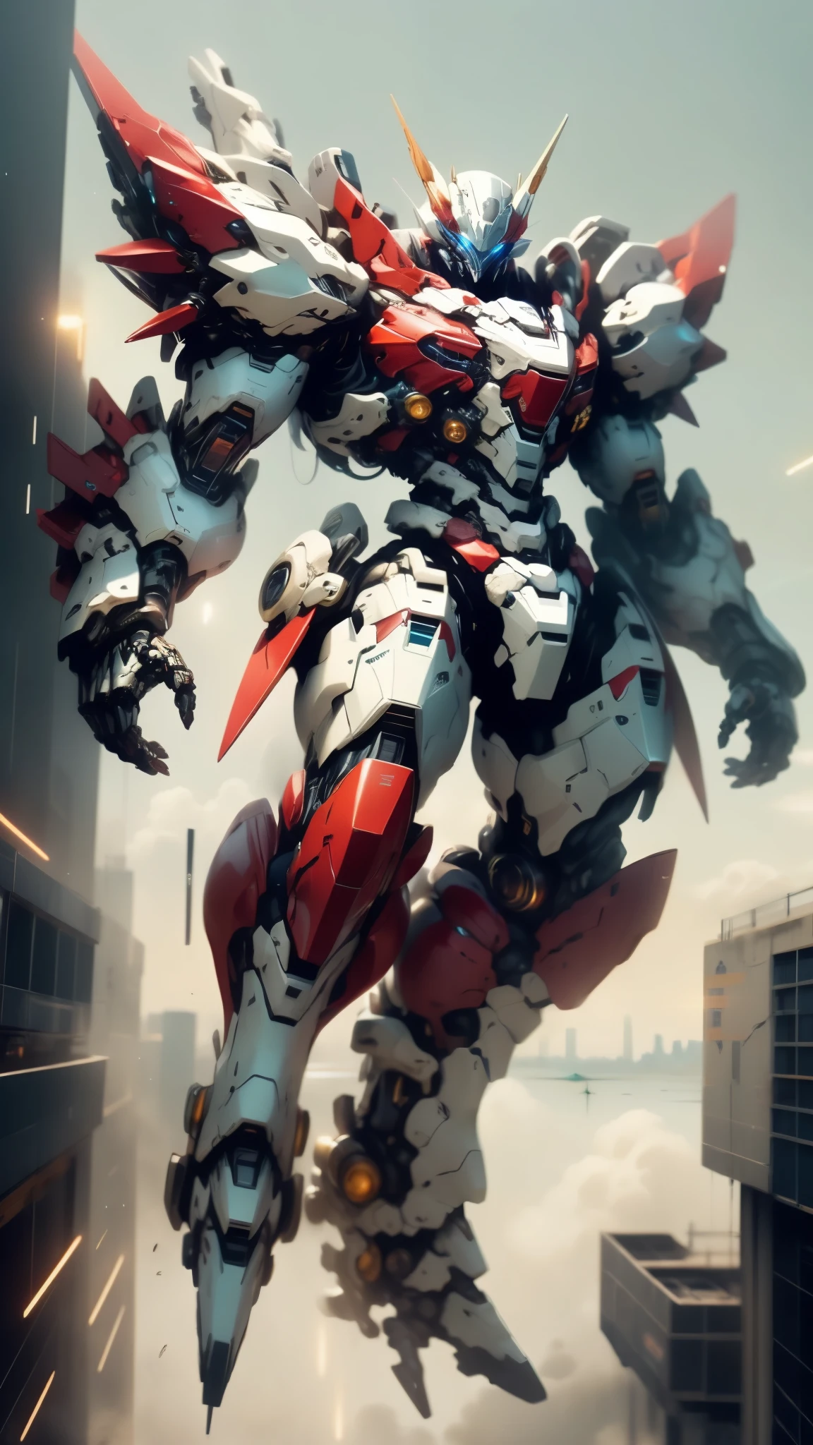 Humanoid Mecha, fully enclosed shoulder guards, matching arm and leg guards, full body, full armor, the design balances heavy with agility, (the color scheme is primarily white with red and blue accents, the concept Inspired by Super robot, organic biotech armor, standing, floating high above the futuristic sci-fi city), exquisite and mature art style, (aura effect, energy, glowing eyes, the armor glows), ((SRS)), metallic, dynamic, dramatic, high definition, best quality, highres, ultra-detailed, ultra-fine painting, extremely delicate, professional, perfect body proportions, anatomically correct, symmetrical face, extremely detailed eyes and face, high quality eyes, creativity, RAW photo, UHD, 32k, Natural light, cinematic lighting, masterpiece-anatomy-perfect, masterpiece:1.5