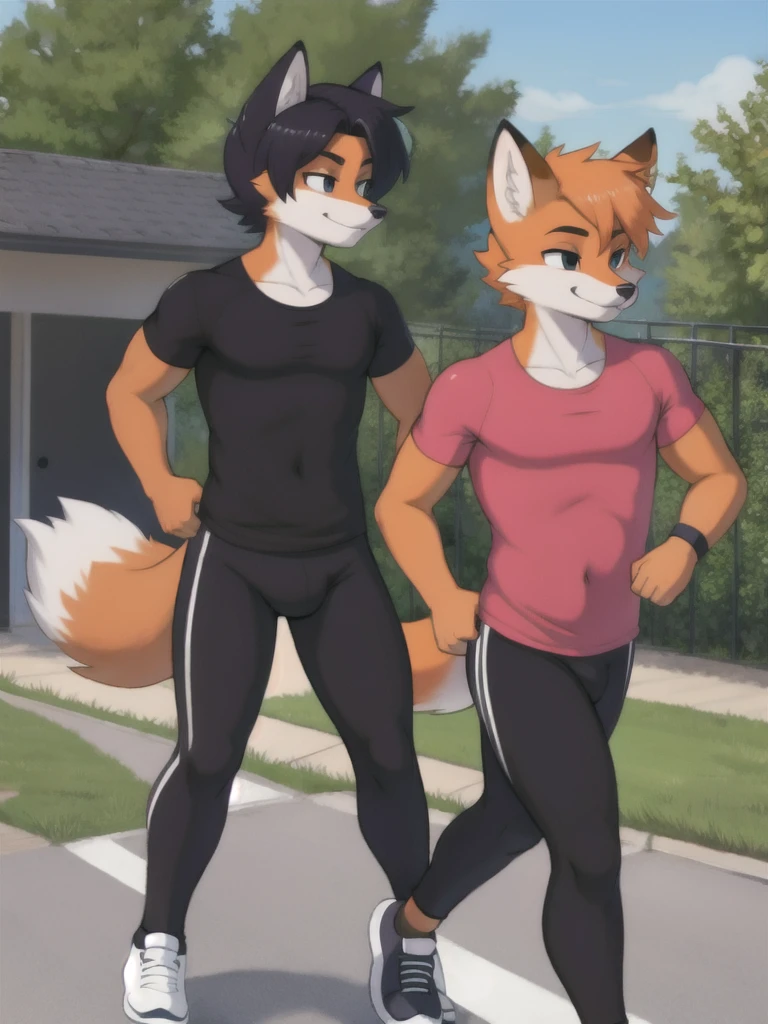 Furry, fox, male, twins, black leggings, white shirt, jogging outside the house,