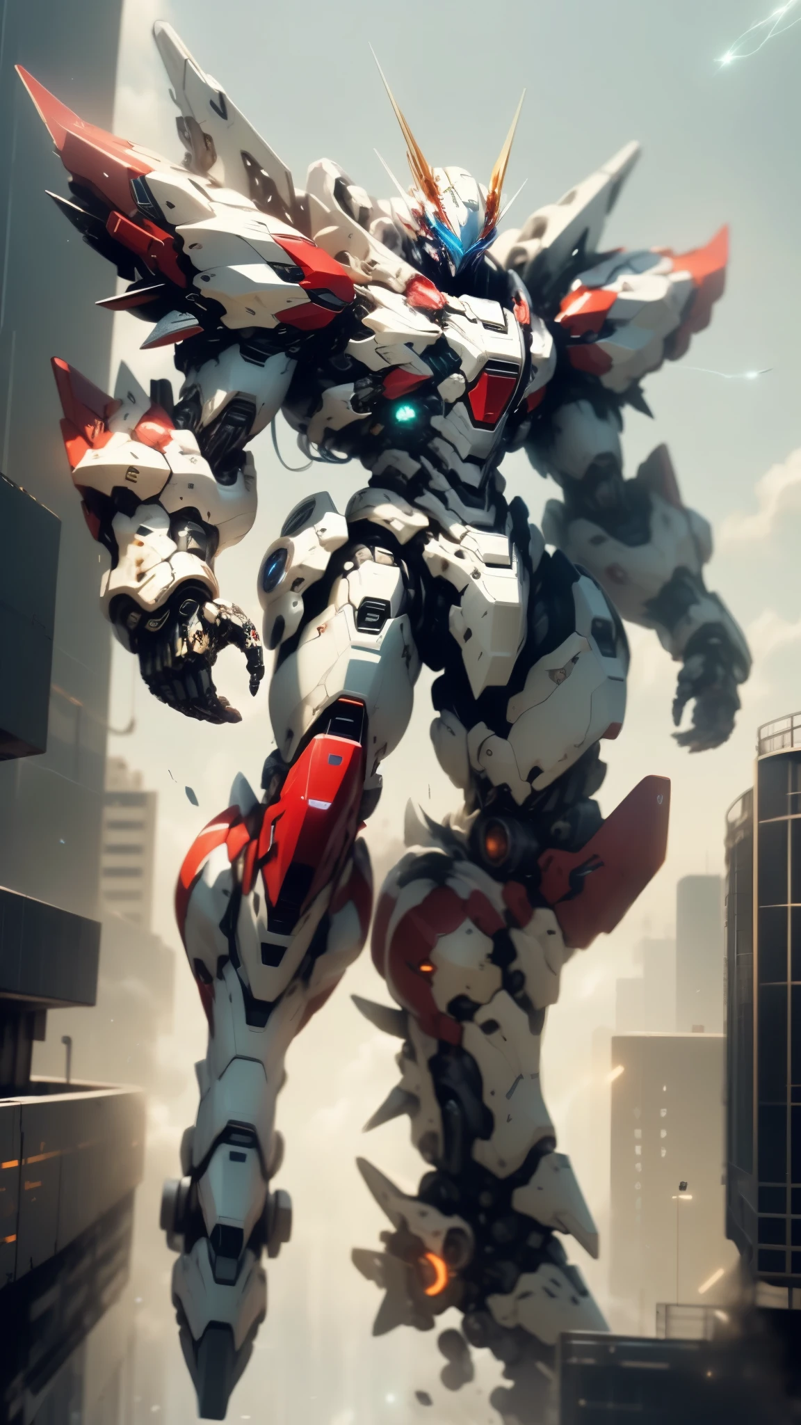 Humanoid Mecha, fully enclosed shoulder guards, matching arm and leg guards, full body, full armor, the design balances heavy with agility, (the color scheme is primarily white with red and blue accents, the concept Inspired by Super robot, organic biotech armor, standing, floating high above the futuristic sci-fi city), exquisite and mature art style, (aura effect, energy, glowing eyes, the armor glows), ((SRS)), metallic, dynamic, dramatic, high definition, best quality, highres, ultra-detailed, ultra-fine painting, extremely delicate, professional, perfect body proportions, anatomically correct, symmetrical face, extremely detailed eyes and face, high quality eyes, creativity, RAW photo, UHD, 32k, Natural light, cinematic lighting, masterpiece-anatomy-perfect, masterpiece:1.5