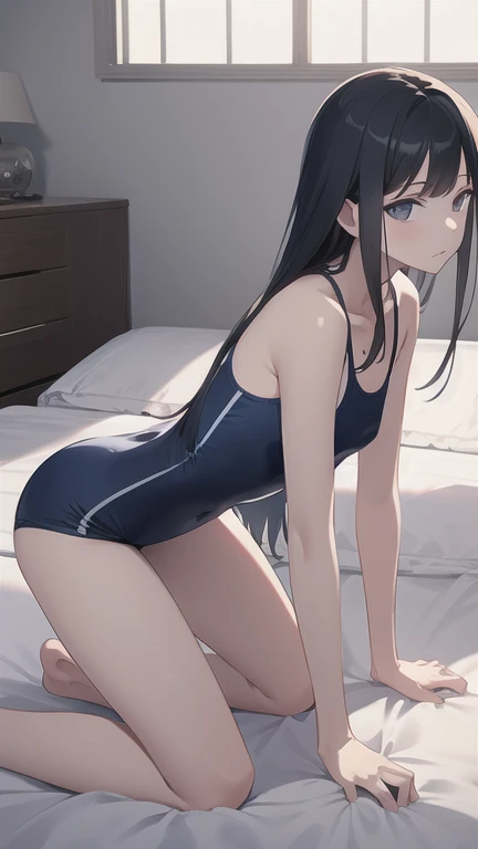 masterpiece,highest quality,High resolution,figure,Super detailed,8k CG wallpaper,Ray Tracing,(Black Hair:1.1),((Long Hair:1.1)),(black eye:1.1),Straight hair,Medium chest,(Urgent 1:0.8),Cover your chest with your hands,Leaning forward,((Embarrassing:1.2)),throw,((Kneel:1.3)),Navy one piece swimsuit,Dark bedroom,bed,Changing clothes,Undressing,Upper body naked