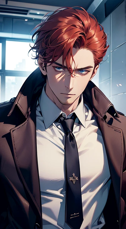 (best quality, masterpiece, 8K, photorealistic, cinematic lighting, 1:4 hdr image, ultra detailed, beautiful image), a mature man, 34 years very handsome, ((cold expression)), short red hair, blue eyes, face perfect without mistakes, ((buttoning his jacket, CEO))