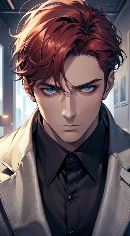 (best quality, masterpiece, 8K, photorealistic, cinematic lighting, 1:4 hdr image, ultra detailed, beautiful image), a mature man, 34 years very handsome, ((cold expression)), short red hair, blue eyes, face perfect without mistakes, ((buttoning his jacket, CEO))