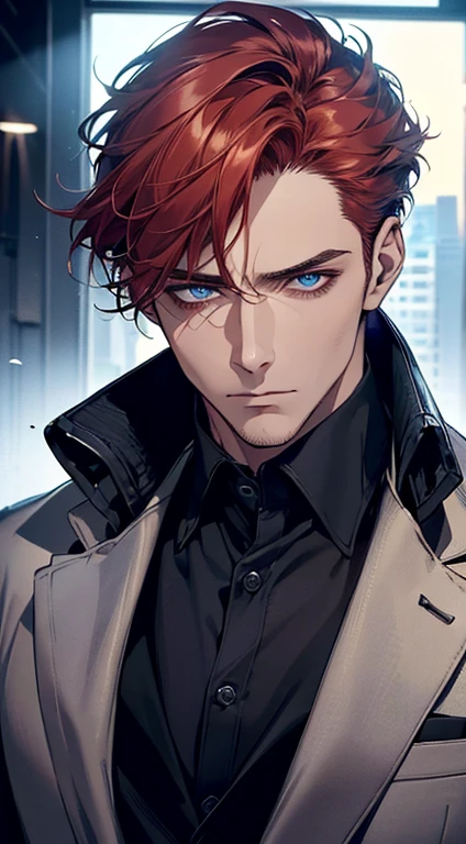 (best quality, masterpiece, 8K, photorealistic, cinematic lighting, 1:4 hdr image, ultra detailed, beautiful image), a mature man, 34 years very handsome, ((cold expression)), short red hair, blue eyes, face perfect without mistakes, ((buttoning his jacket, CEO))