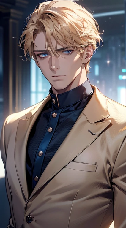(best quality, masterpiece, 8K, photorealistic, cinematic lighting, 1:4 hdr image, ultra detailed, beautiful image), a mature man, 34 years very handsome, ((cold expression)), short golden hair, blue eyes, face perfect without mistakes, ((buttoning his jacket, CEO))