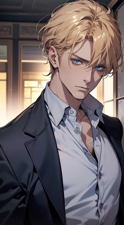 (best quality, masterpiece, 8K, photorealistic, cinematic lighting, 1:4 hdr image, ultra detailed, beautiful image), a mature man, 34 years very handsome, ((cold expression)), short golden hair, blue eyes, face perfect without mistakes, ((buttoning his jacket, CEO))