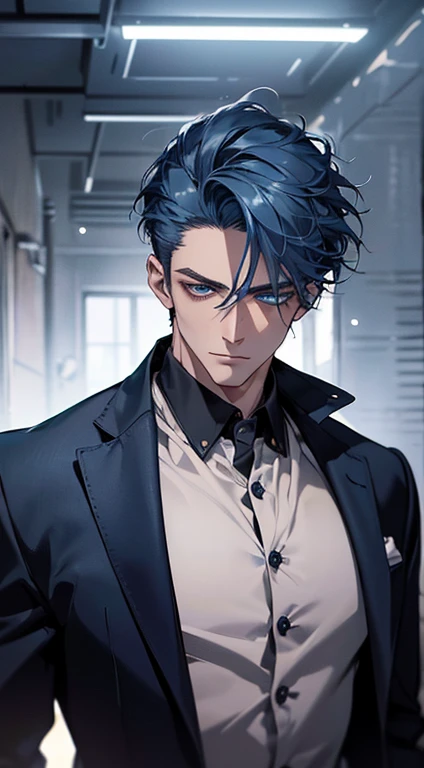 (best quality, masterpiece, 8K, photorealistic, cinematic lighting, 1:4 hdr image, ultra detailed, beautiful image), a mature man, 34 years very handsome, ((cold expression)), short blue hair, blue eyes, face perfect without mistakes, ((buttoning his jacket, CEO))
