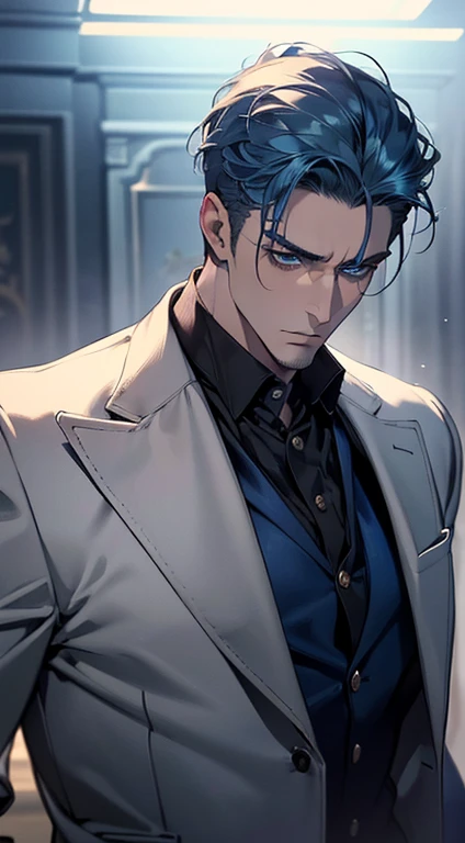 (best quality, masterpiece, 8K, photorealistic, cinematic lighting, 1:4 hdr image, ultra detailed, beautiful image), a mature man, 34 years very handsome, ((cold expression)), short blue hair, blue eyes, face perfect without mistakes, ((buttoning his jacket, CEO))