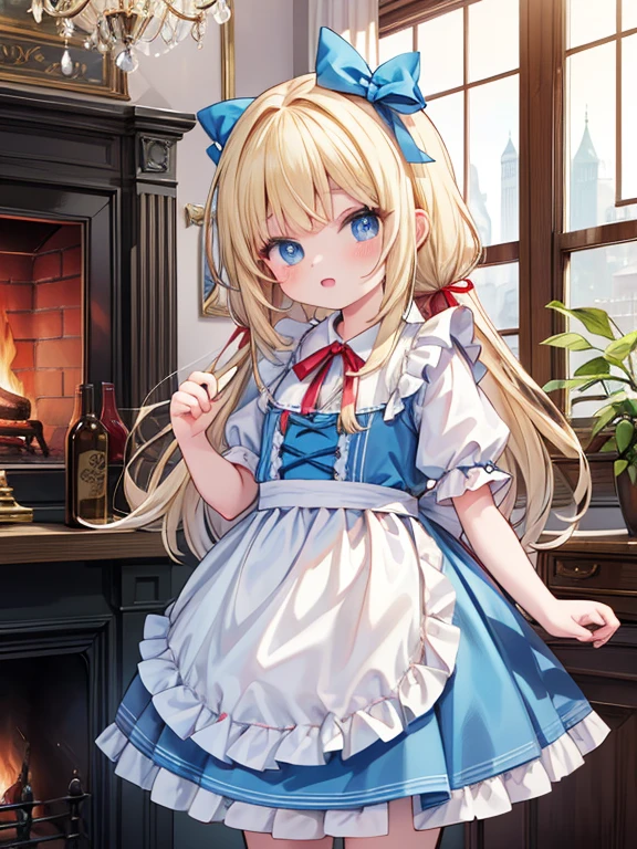masterpiece, highest quality, Very detailed, 8k, Ultra-high resolution, Alice in Wonderland, Cowboy Shot, One , Detailed face、Perfect Fingers, blue eyes, Blonde, Long Hair, Braid, Red ribbon on head, Blue Dress, White apron, Luxurious Western-style building, fireplace, chandelier, Children's room, clock, Music Box