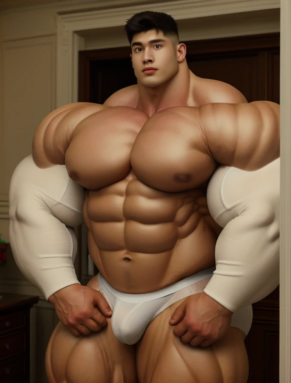 1boy, giant, model shoot style, staring, illuminating light, golden hour, outdoor, strong body, bulk, large size, standing, in the guest room, white triangular underwear, prominent bulge, big, brutalmass, giant, muscular body, bulk, massive body, large meaty body size