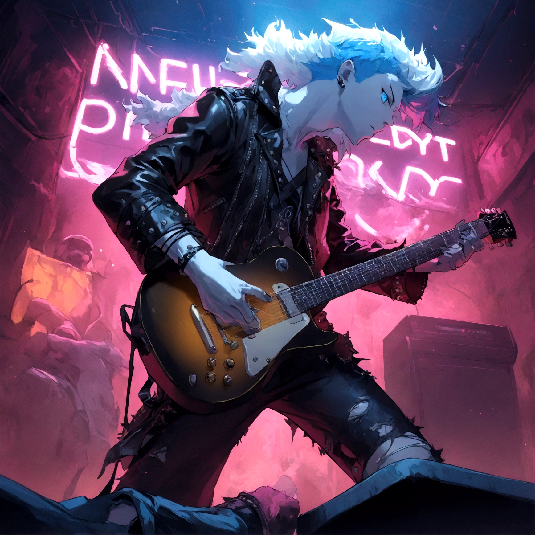 a white werewolf with blue eyes wearing a punk outfit playing the lead guitar in a band, has blue mowhawk, has leather patched jacket, wearing torn boots, shredding on guitar, many multi colored neon lights