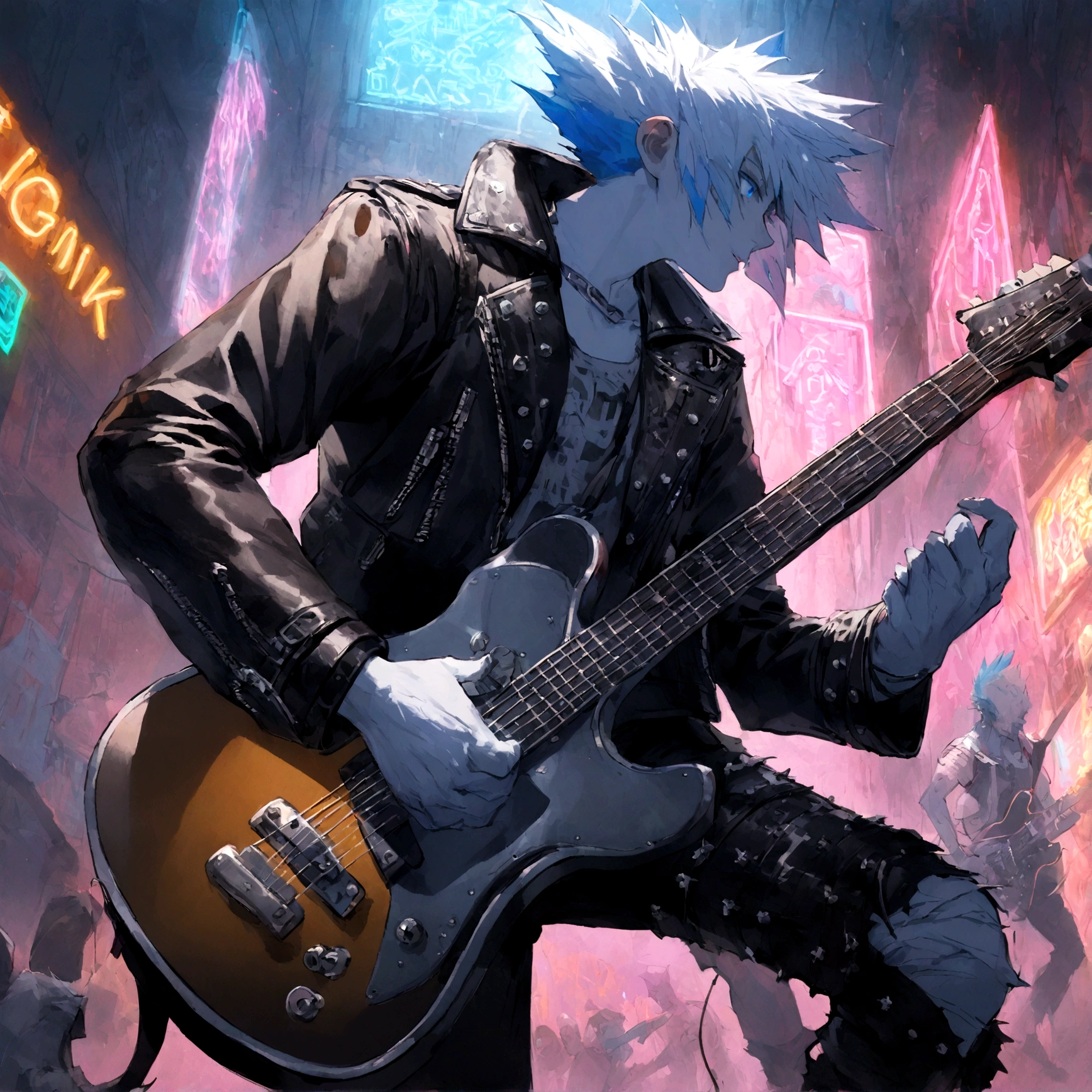 a white werewolf with blue eyes wearing a punk outfit playing the lead guitar in a band, has blue mowhawk, has leather patched jacket, wearing torn boots, shredding on guitar, many multi colored neon lights