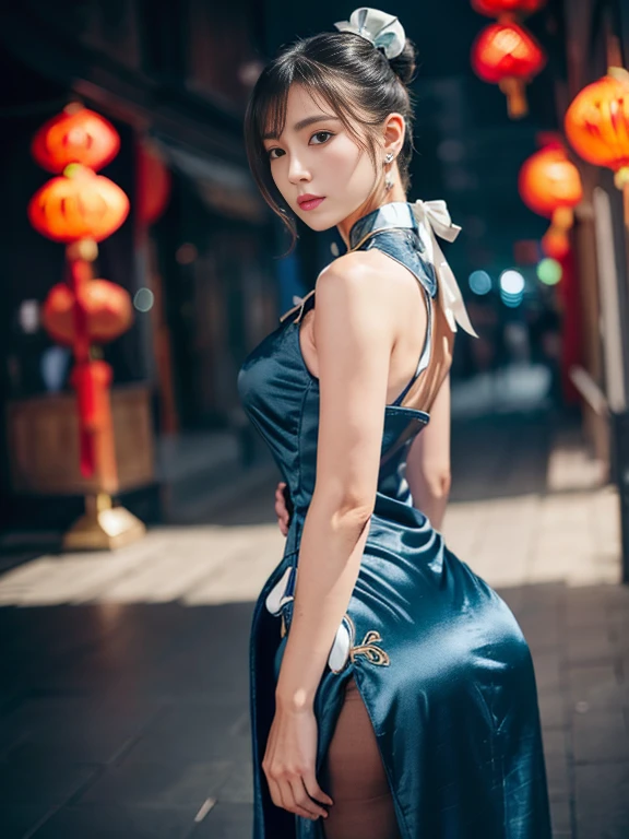 ((Clothes are torn and chest is fluttering)),(((Falling))),"(Exquisitely drawn CG Unity 8k wallpaper, Masterpiece quality with stunning realism), (Best lighting, Best Shadow), (highest quality), (Elegant and devilish style:1.2), Artistic modern anime. Diagonal view, A close-up full-body portrait of a stunningly beautiful mature Chun-Li from Street Fighter。 ((Dark brown hair:1)), ((White lace-up boots:.5)), Dynamic pose, (Blue Chinese Dress:1.5), Great body, in china at night with neon lights, Shy and timid、Frivolous、sexy、Cute expression, the body is slim, Very decorative and detailed, Brown see-through pantyhose, Depth of field blur effect, night, Full Zoom, Action Portrait, Realistic. Cinema Lighting, Very detailed. highest quality, 4K, Better Hands, Perfect Anatomy, Shortening effect, Shy and timidsexyな表情, Your legs look short, (Sharp Eye:0.8), Surrounded by an ominous and dark atmosphere, Dramatic and striking lighting accents, Surreal fantasy feel". (Wearing white laced military boots:1), (night:1), (Side view:.5), (Lifted my butt:1), (metal spike bracelet:1), (Leaning forward:1), (White ribbon flowing from the hair bun:1.5) (Front view:1)