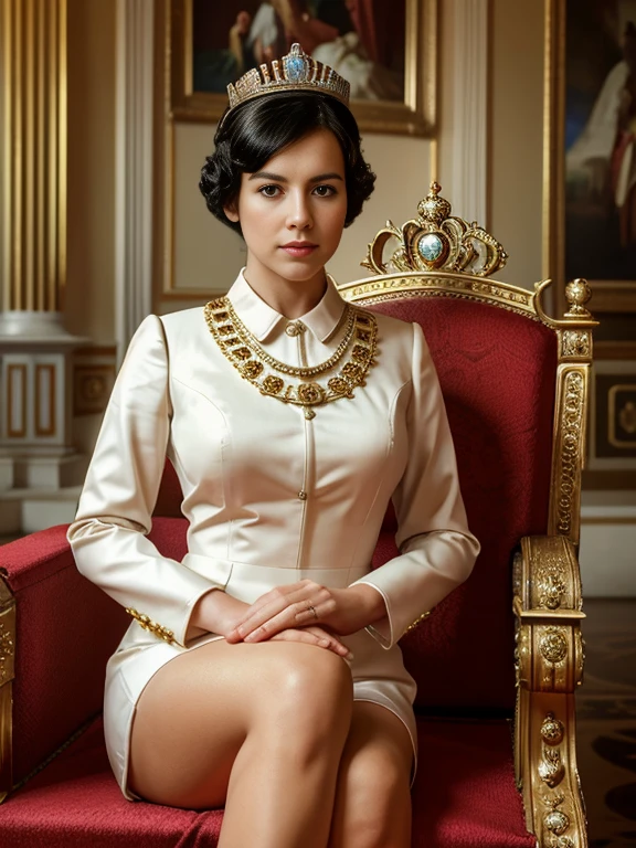 Masterpice, high quality, 8k quality, 1 lady, young Queen Elizabeth 2, Queen of United Kingdom, wearing royal uniform with her crown of Dimond sitting on royal throne, cloth cover all her body included her legs,the royal uniform cover all body including her legs, beautiful face, short black hair, the best photo for the  queen of United Kingdom, the best look for Queen in her young age (30 years), Beckenham Place as background and United Kingdom flag, realistic hands