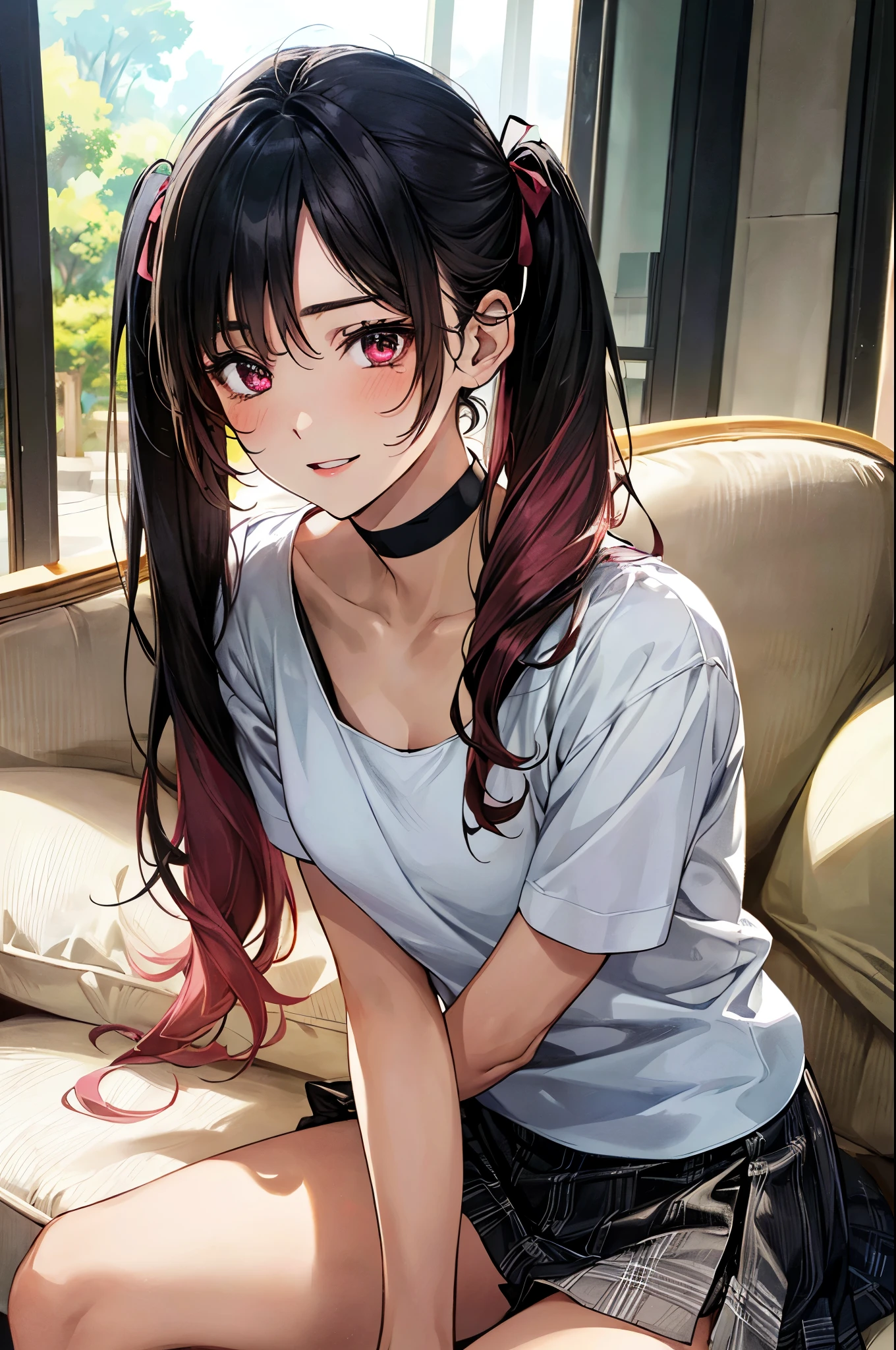 (masterpiece:1.3, top-quality, ultra high res, ultra detailed), (realistic, photorealistic:1.3), beautiful illustration, perfect lighting, natural lighting, colorful, depth of fields, , 
beautiful detailed hair, beautiful detailed face, beautiful detailed eyes, beautiful clavicle, beautiful body, beautiful chest, beautiful thigh, beautiful legs, beautiful fingers, shiny skin, 
looking at viewer, 1 girl, high school girl, (perfect anatomy, anatomically correct, super detailed skin), cute and symmetrical face, babyface, perfect face, perfect eyes, perfect body, 
(long hair, twintails, sideburns, black hair), bangs, maroon eyes, drooping eyes, big eyes, long eyelashes, (small breasts, seductive thighs), slender, 
(detailed cloth texture), short sleeve, clavicle, (open sholder black cutsew), grey plaid mini skirt, pink hair ribbon, black choker, 
(beautiful scenery), summer, late afternoon, (living room:1.2, sofa), , (sitting sofa, hands between legs), (love smile, upper eyes, parted lips), 