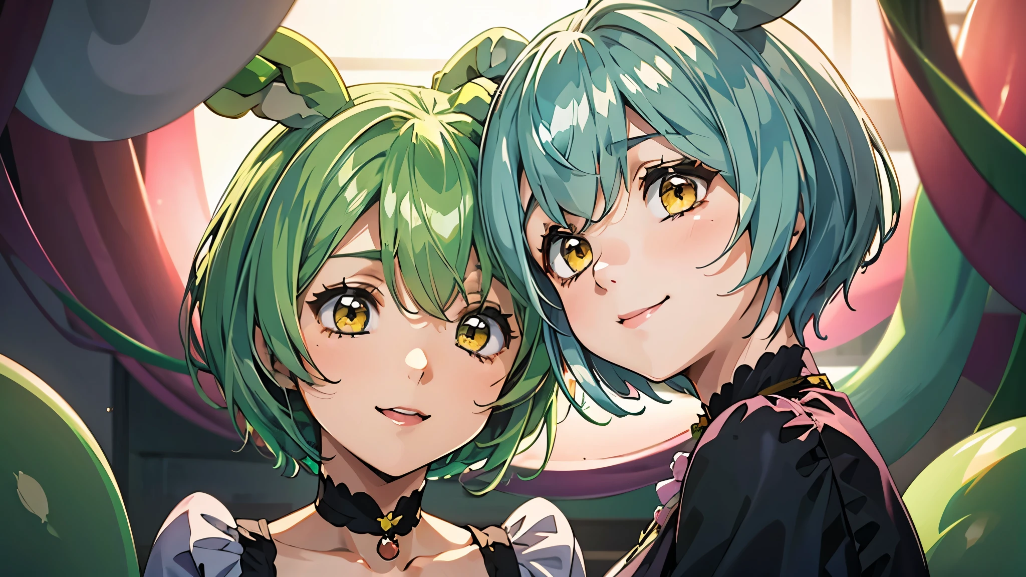 beautiful girl，Yellow-green hair，Beaver、short hair、Gentle droopy eyes，A calm and kind face，Big smile、An innocent smile