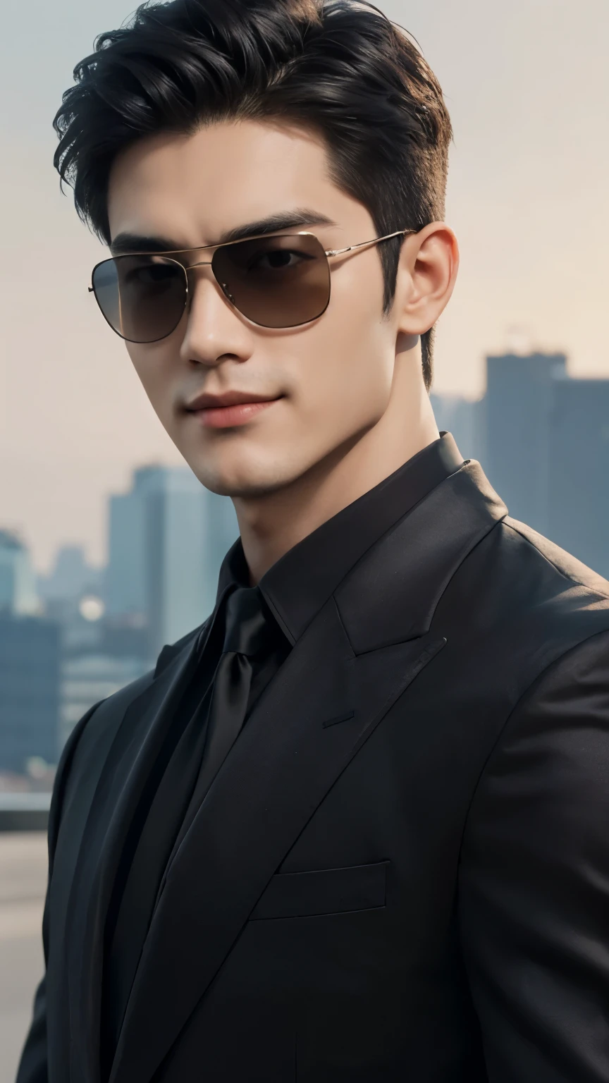 (Men)), (head shot), (front view), (half body view), (Handsome muscular man in his 30s wearing black pilot sunglasses, and luxury black suit), zi wang (Prince chiu), Mischievous smile, (detail: 1 in 1), Natural muscles, HIG quality, beautiful eyes, (Detailed face and eyes), (Face、: 1 / 2), fresh lips, Noise, Real Photographics, ... ...................................................................................................PSD, Sharp Focus, High resolution (8K), realistic & Professional Photography, 8K UHD, Soft lighting, High quality, Film grain, FujifilmXT3