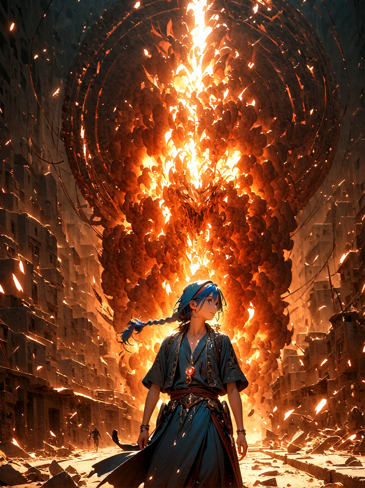 1boy，magi_aladdin，Standing alone in a desert town, He has short blue hair，With a braid，Wear a headscarf，Smiling，A flute pendant hangs around her neck，Wearing a blue vest, A magical explosion can be seen in the background，Super large magic circle，lightning，fighting，Mouth tightly shut，sneer，Soft lighting and detailed environments create an immersive environment，Let your imagination run wild with super details, Ultra-detailed face, High-quality visual effects, Sharp focus, Octane Rendering, 8k, Ultra HD