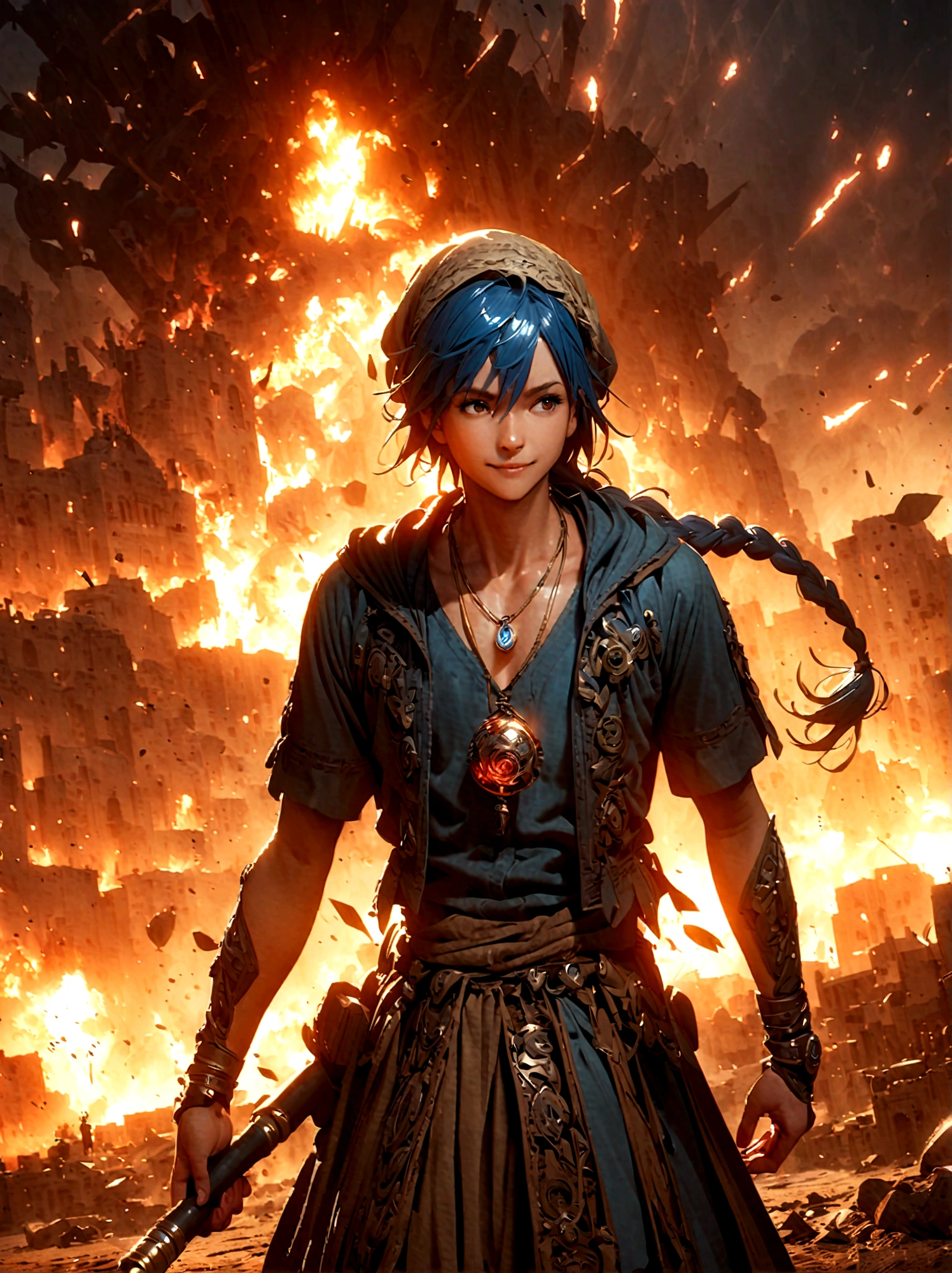 1boy，magi_aladdin，Standing alone in a desert town, He has short blue hair，With a braid，Wear a headscarf，Smiling，A flute pendant hangs around her neck，Wearing a blue vest, A magical explosion can be seen in the background，Super large magic circle，lightning，fighting，Mouth tightly shut，sneer，Soft lighting and detailed environments create an immersive environment，Let your imagination run wild with super details, Ultra-detailed face, High-quality visual effects, Sharp focus, Octane Rendering, 8k, Ultra HD